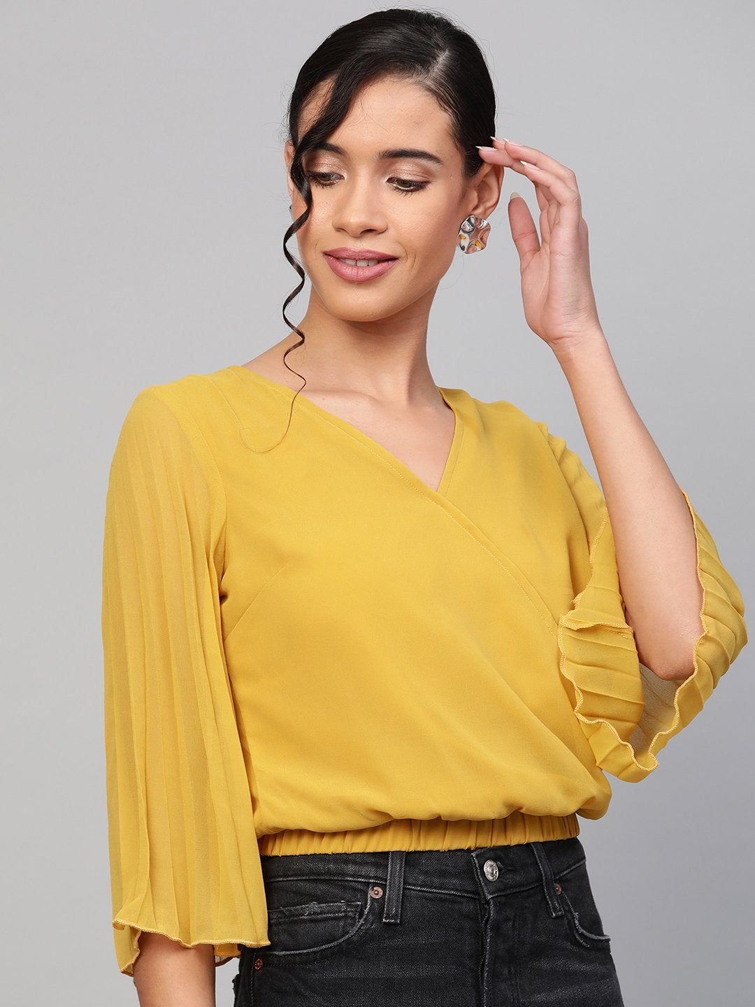 Women's Mustard Pleated Sleeve Crop Top - SASSAFRAS