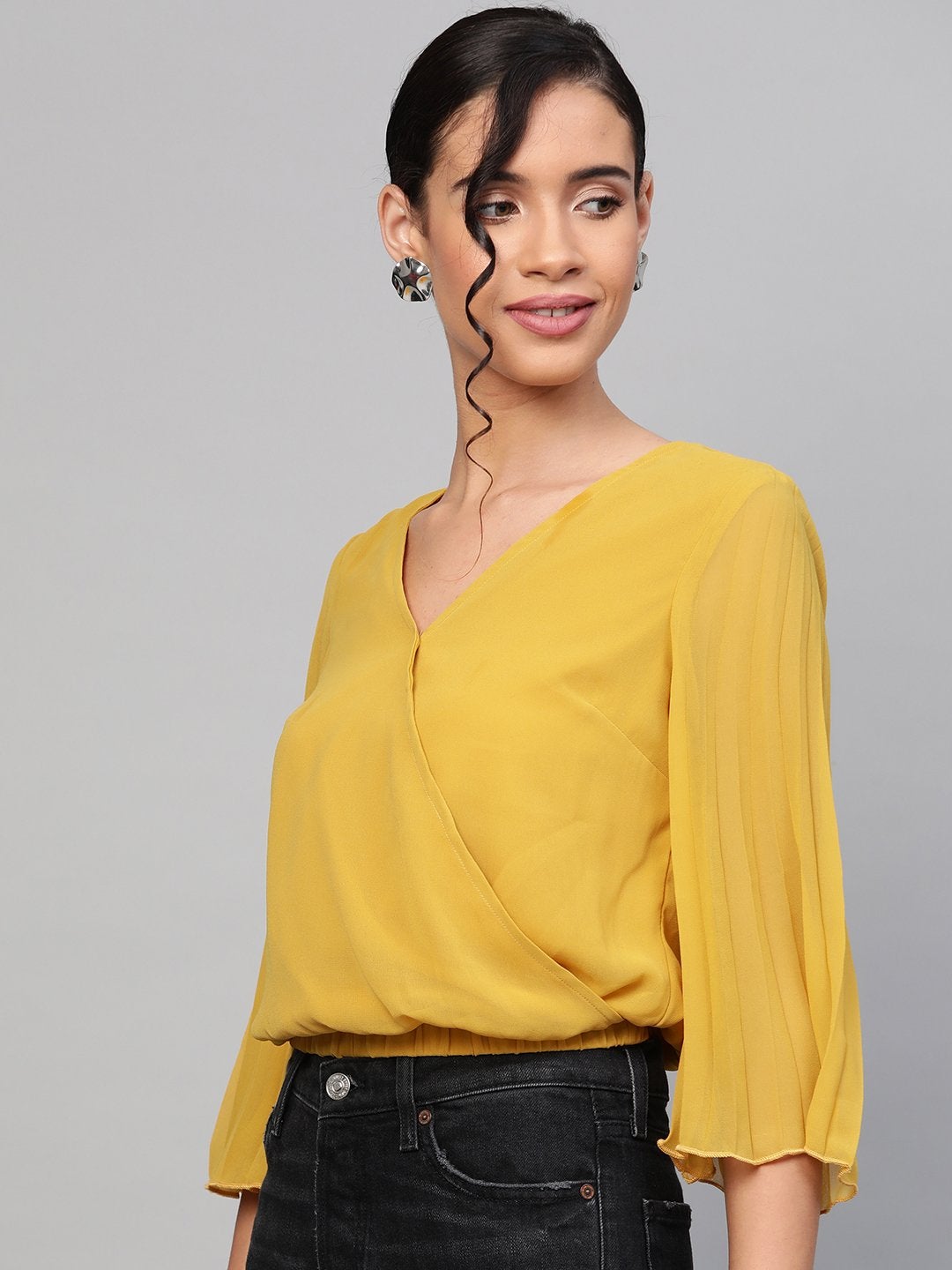 Women's Mustard Pleated Sleeve Crop Top - SASSAFRAS