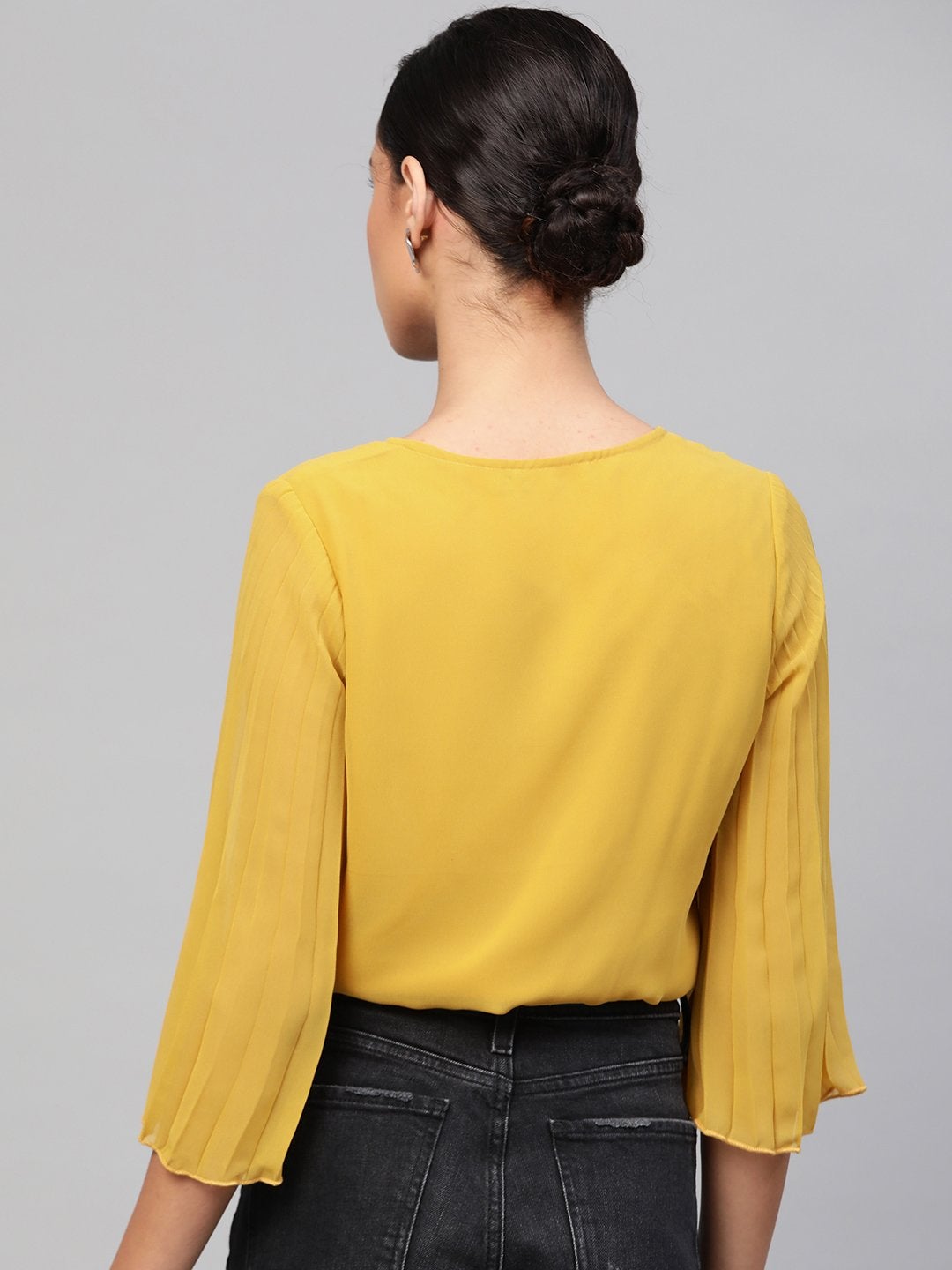 Women's Mustard Pleated Sleeve Crop Top - SASSAFRAS