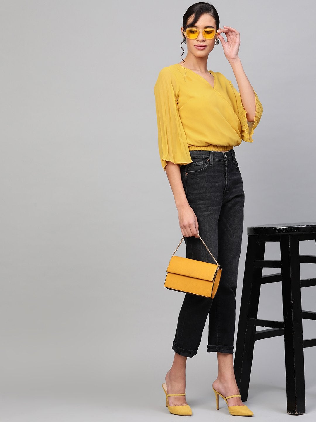 Women's Mustard Pleated Sleeve Crop Top - SASSAFRAS