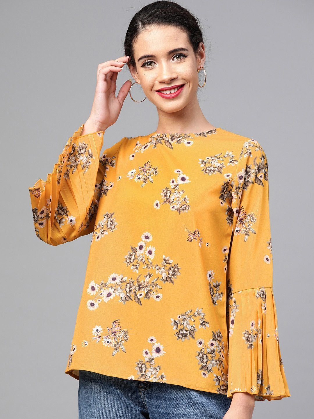 Women's Mustard Floral Pleated Sleeve Hem Top - SASSAFRAS