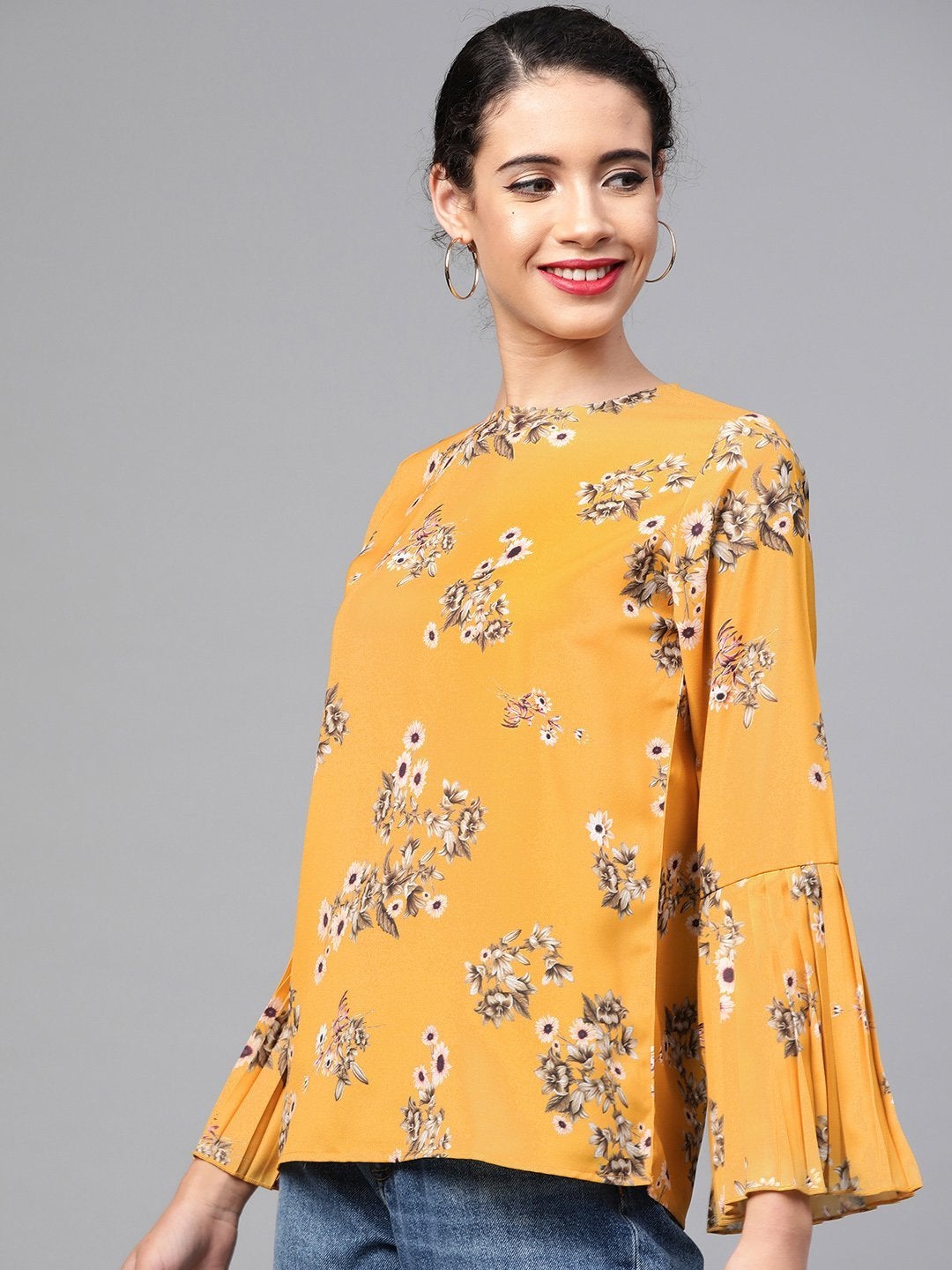 Women's Mustard Floral Pleated Sleeve Hem Top - SASSAFRAS