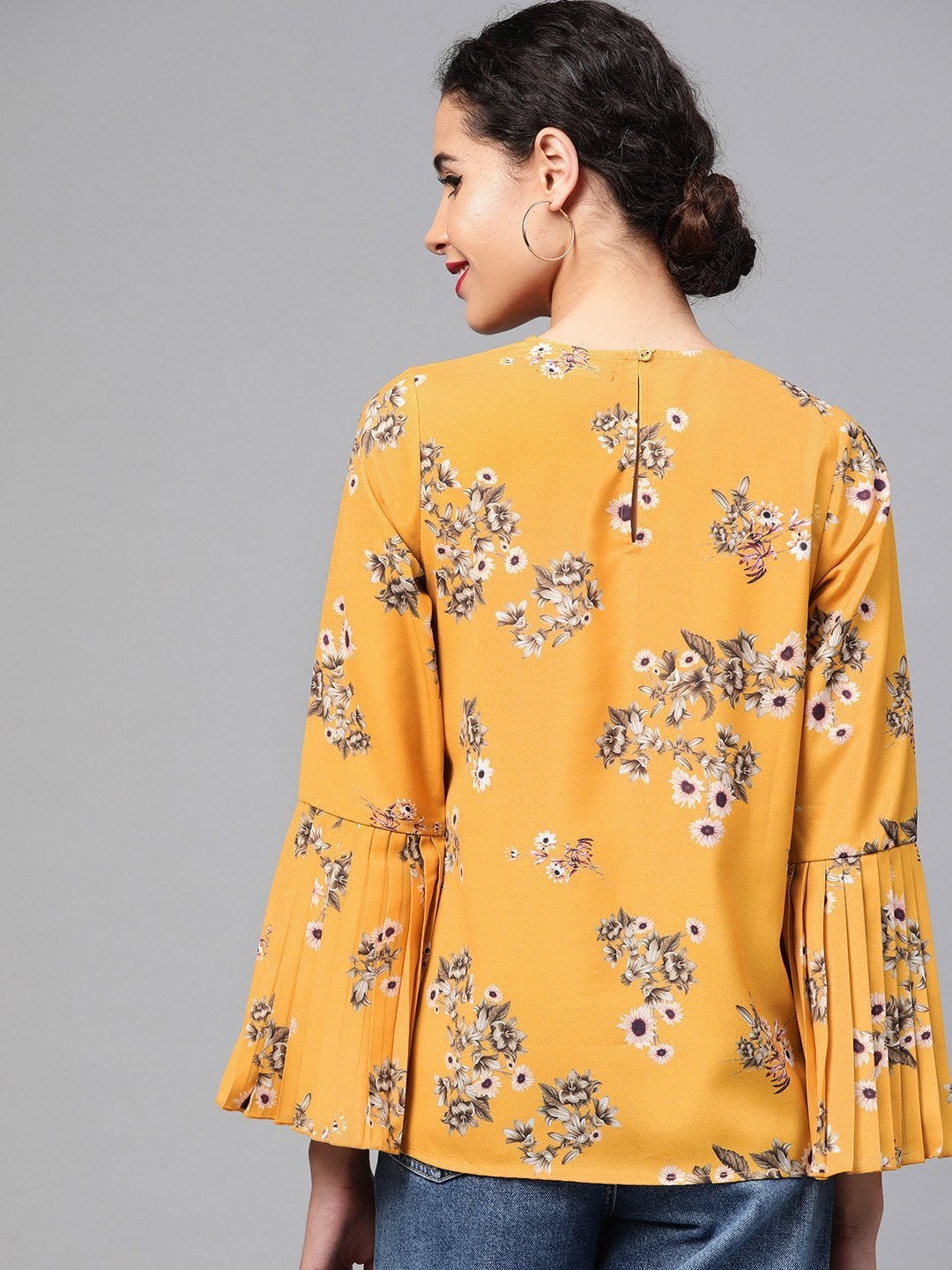 Women's Mustard Floral Pleated Sleeve Hem Top - SASSAFRAS