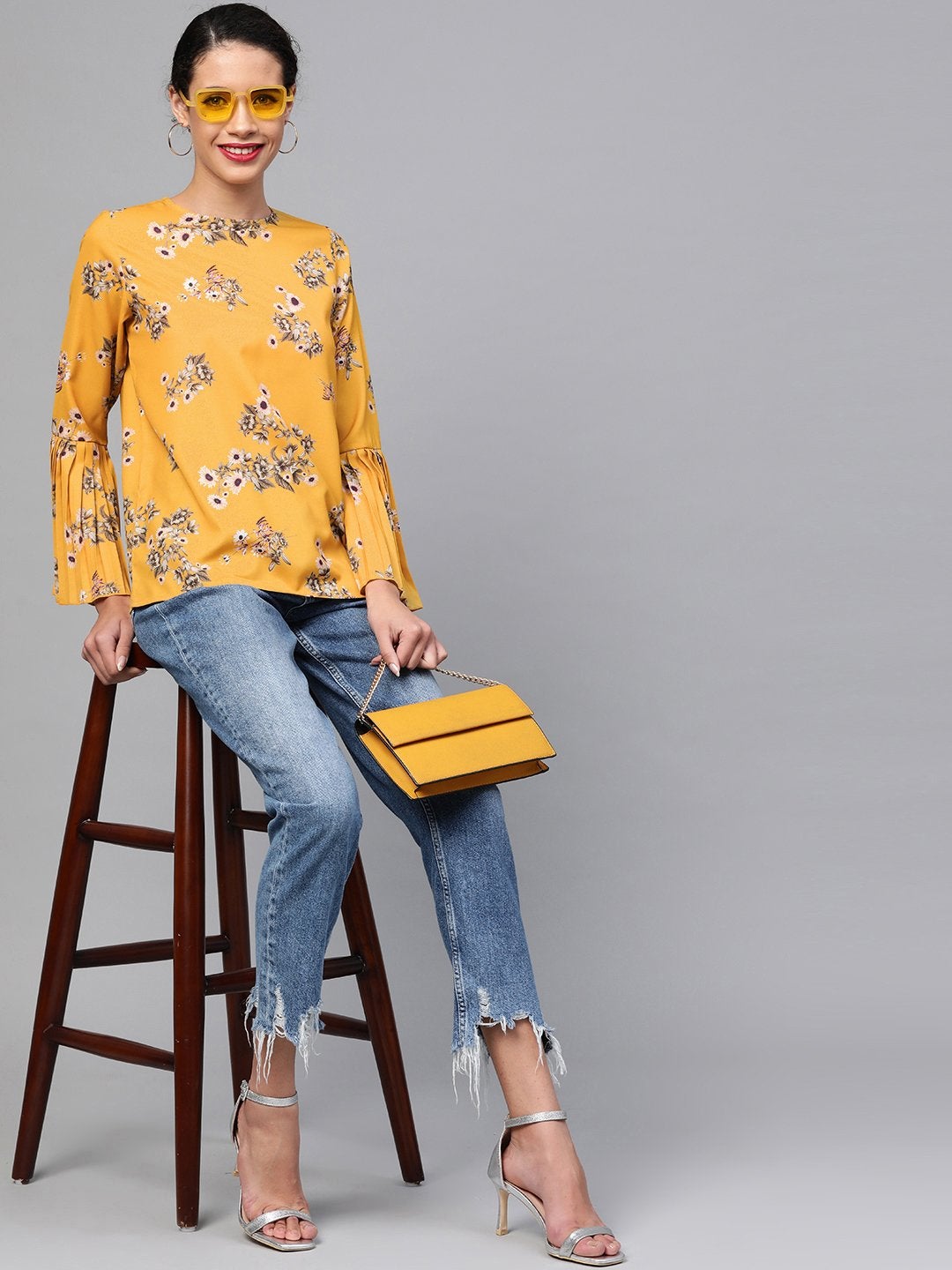 Women's Mustard Floral Pleated Sleeve Hem Top - SASSAFRAS