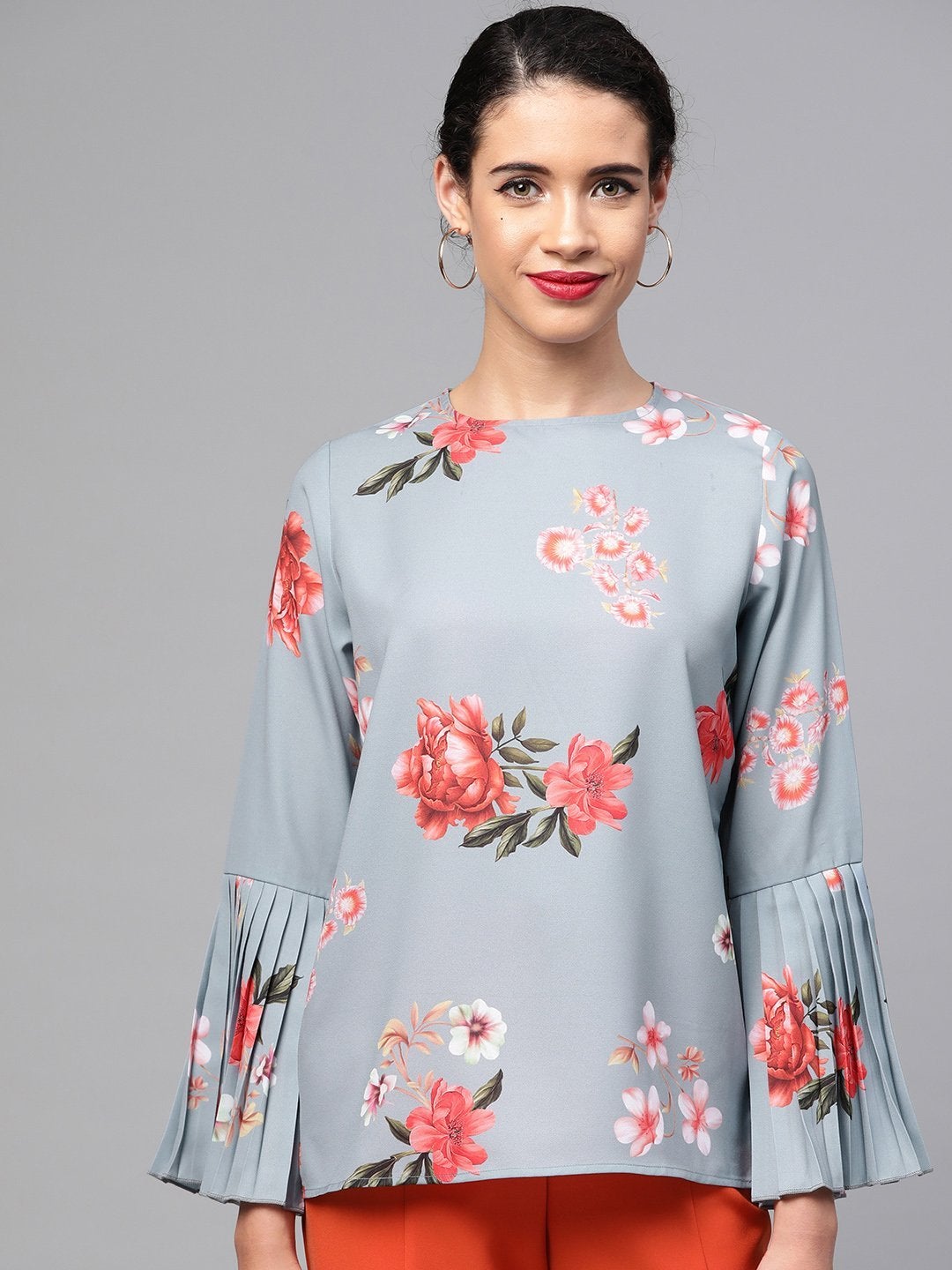 Women's Steel Blue Floral Pleated Sleeve Hem Top - SASSAFRAS