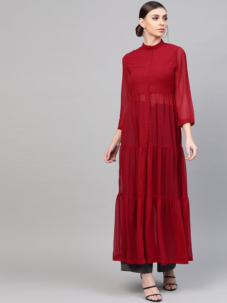 Women's Red Front Open Sheer Tiered Maxi Top