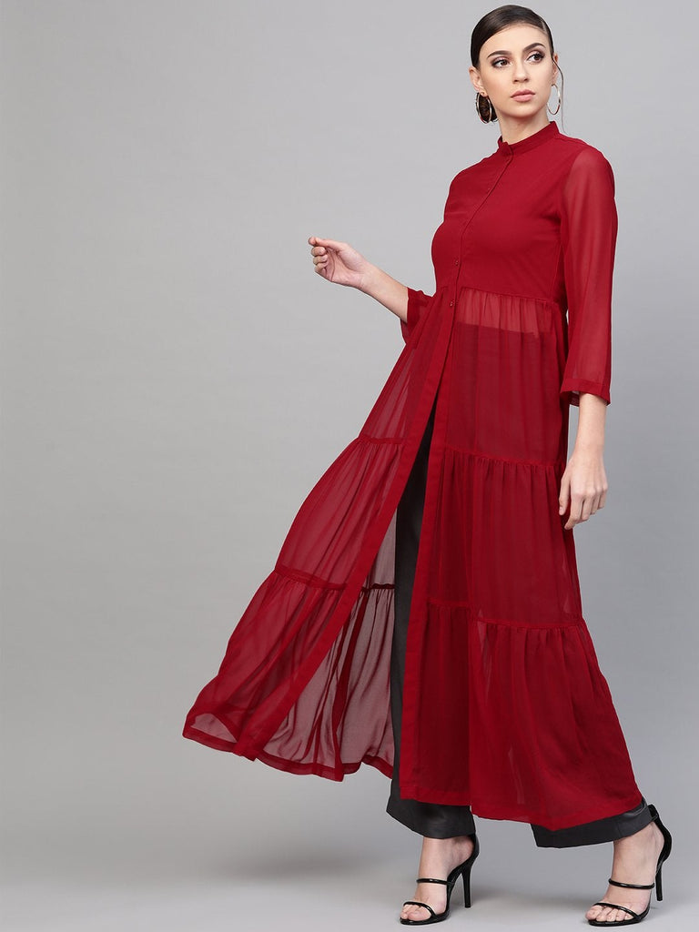 Women's Red Front Open Sheer Tiered Maxi Top