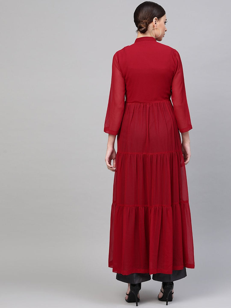 Women's Red Front Open Sheer Tiered Maxi Top