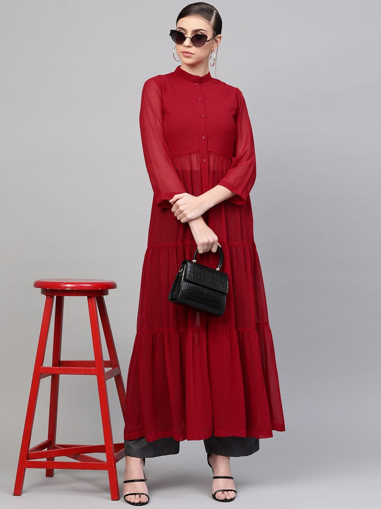 Women's Red Front Open Sheer Tiered Maxi Top