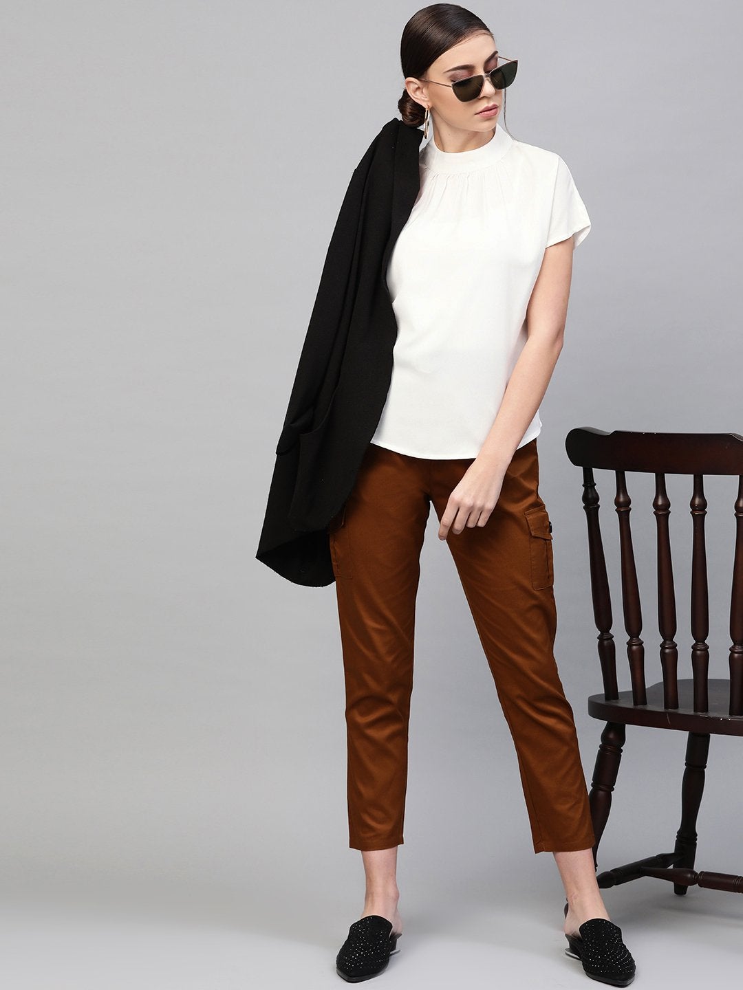 Women's Off-White Mandarin Collar Top - SASSAFRAS