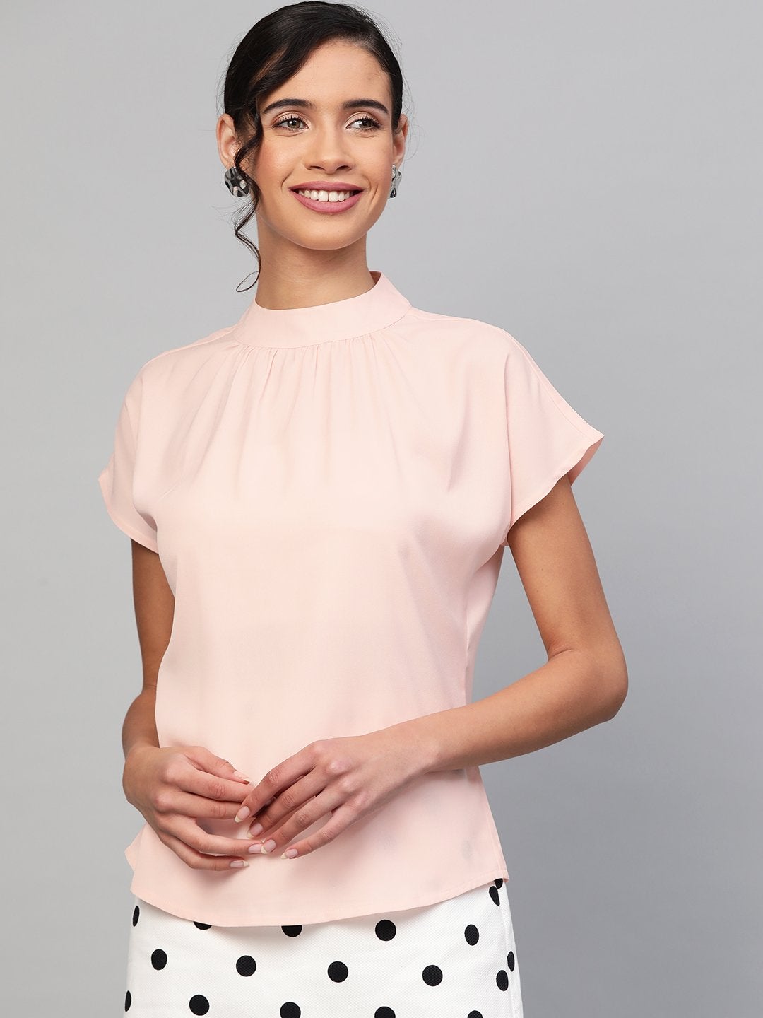 Women's Blush Pink Mandarin Collar Top - SASSAFRAS