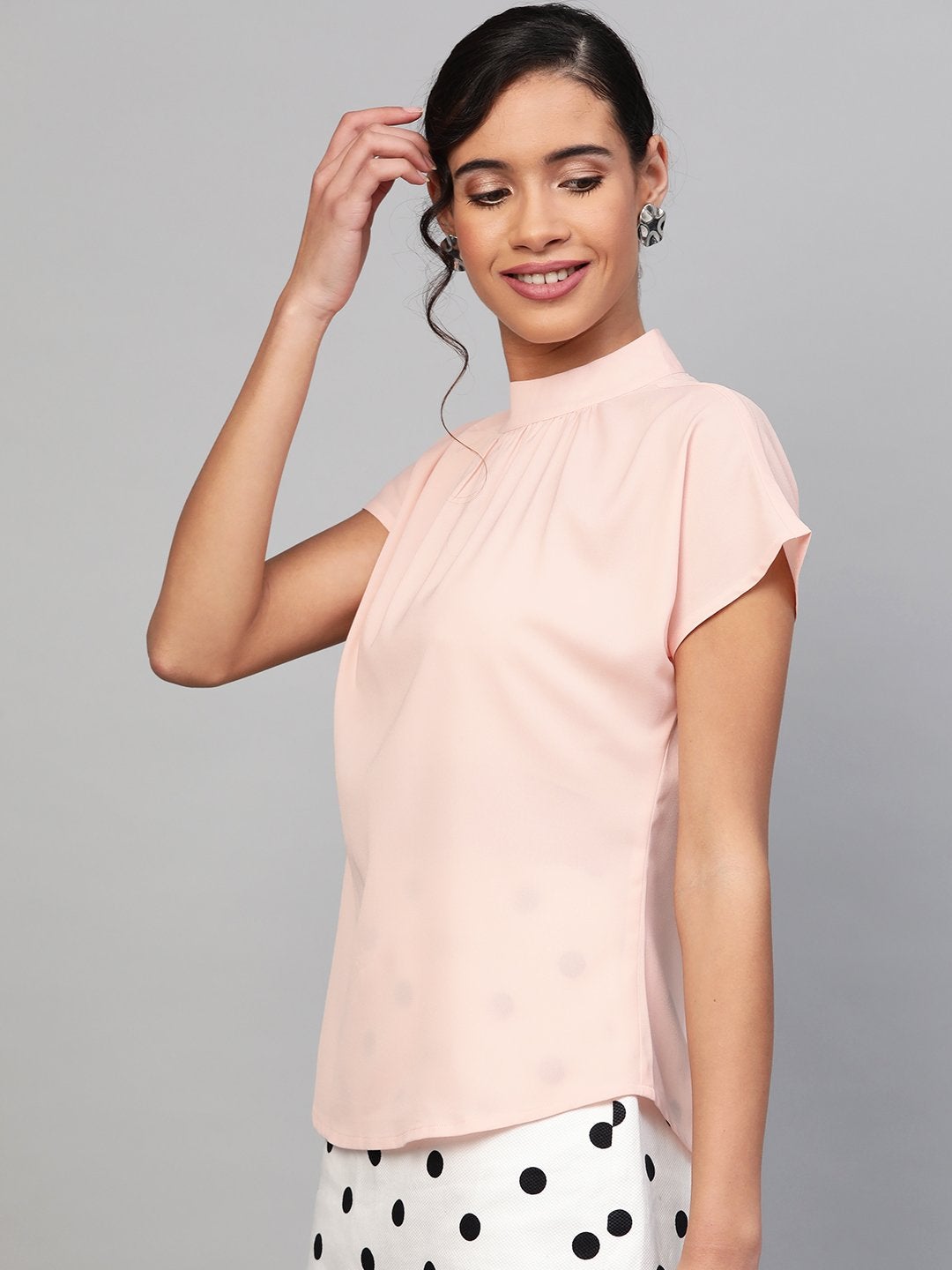 Women's Blush Pink Mandarin Collar Top - SASSAFRAS