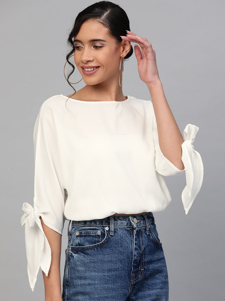 Women's Off-White Sleeve Tie-Up Crop Top