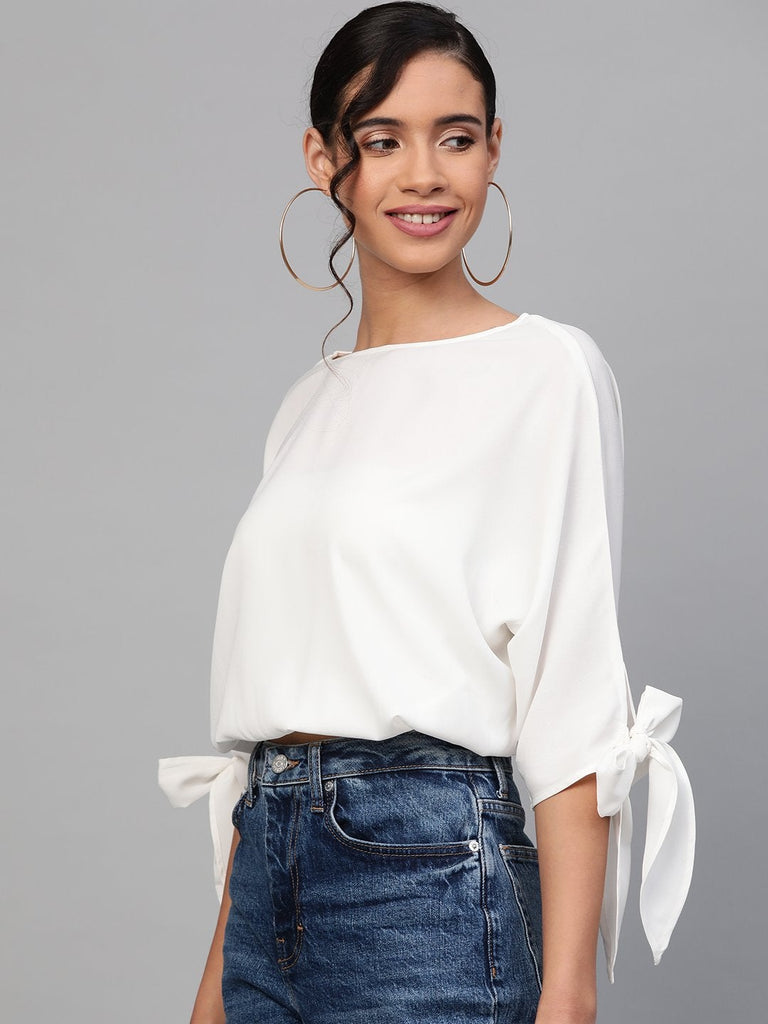 Women's Off-White Sleeve Tie-Up Crop Top