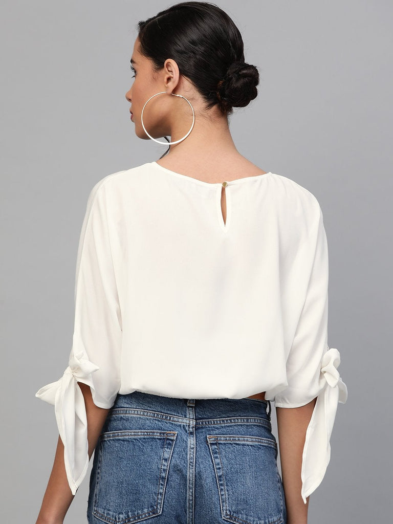 Women's Off-White Sleeve Tie-Up Crop Top
