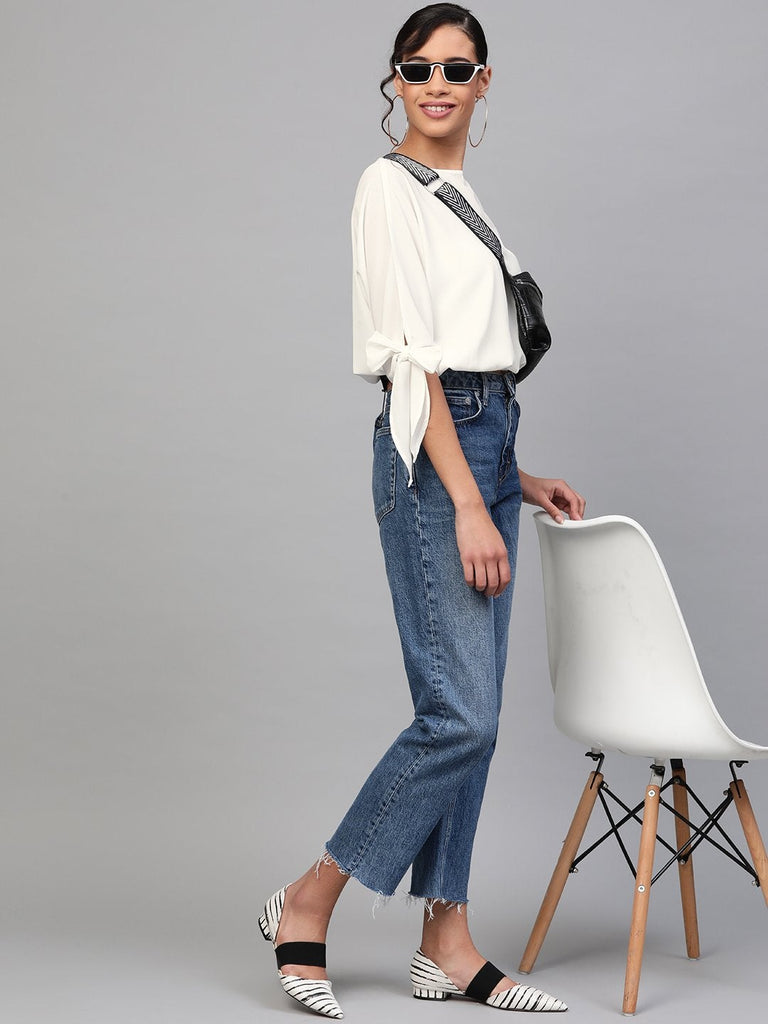 Women's Off-White Sleeve Tie-Up Crop Top