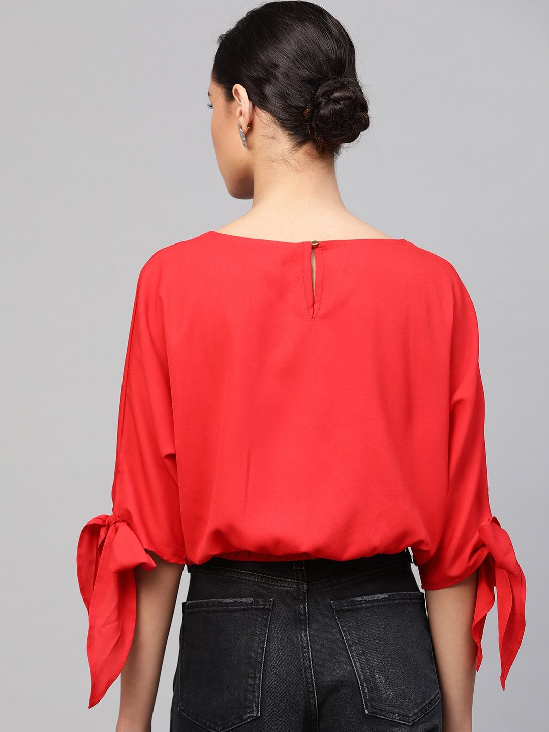 Women's Red Sleeve Tie-Up Crop Top - SASSAFRAS