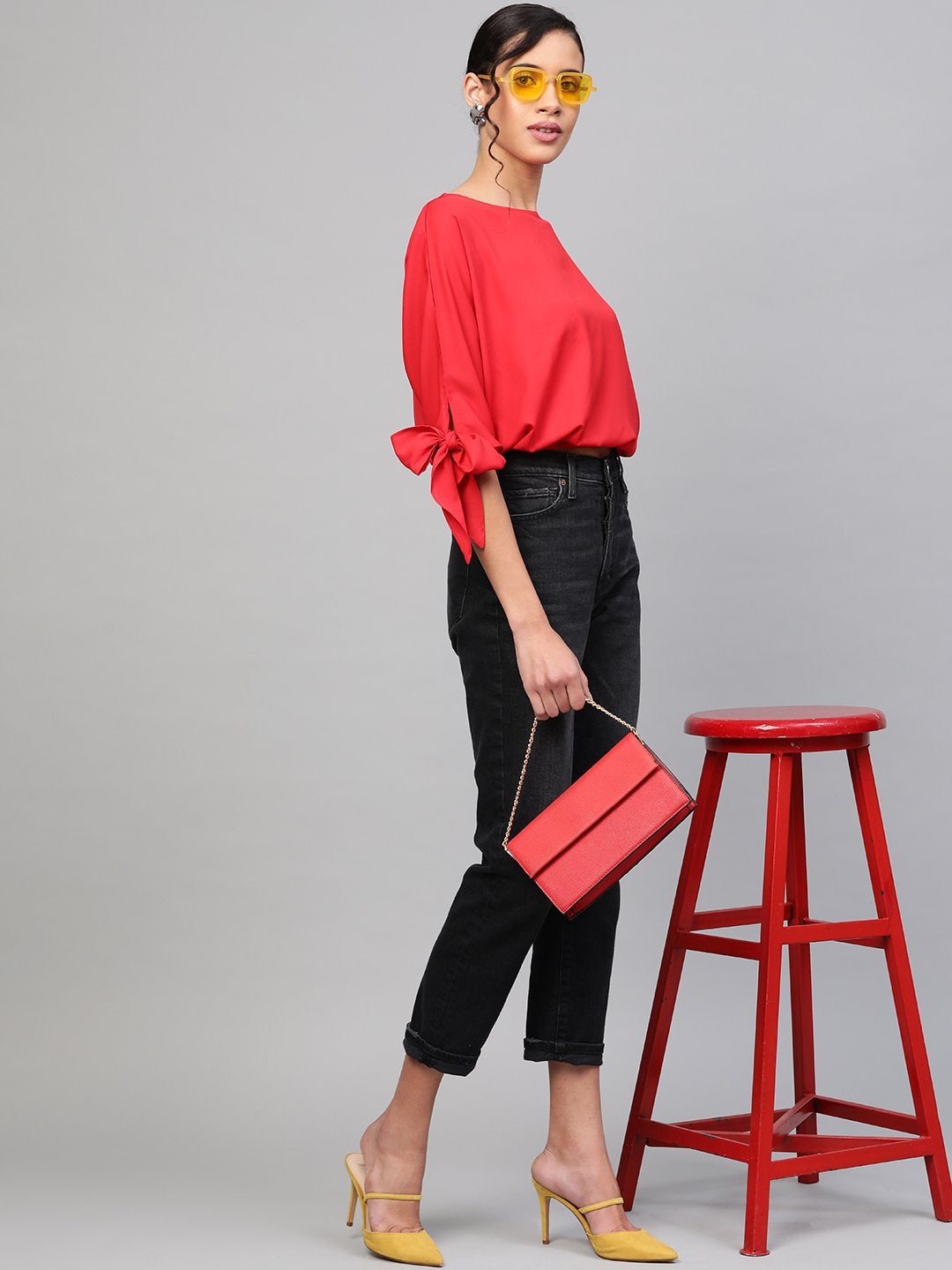 Women's Red Sleeve Tie-Up Crop Top - SASSAFRAS