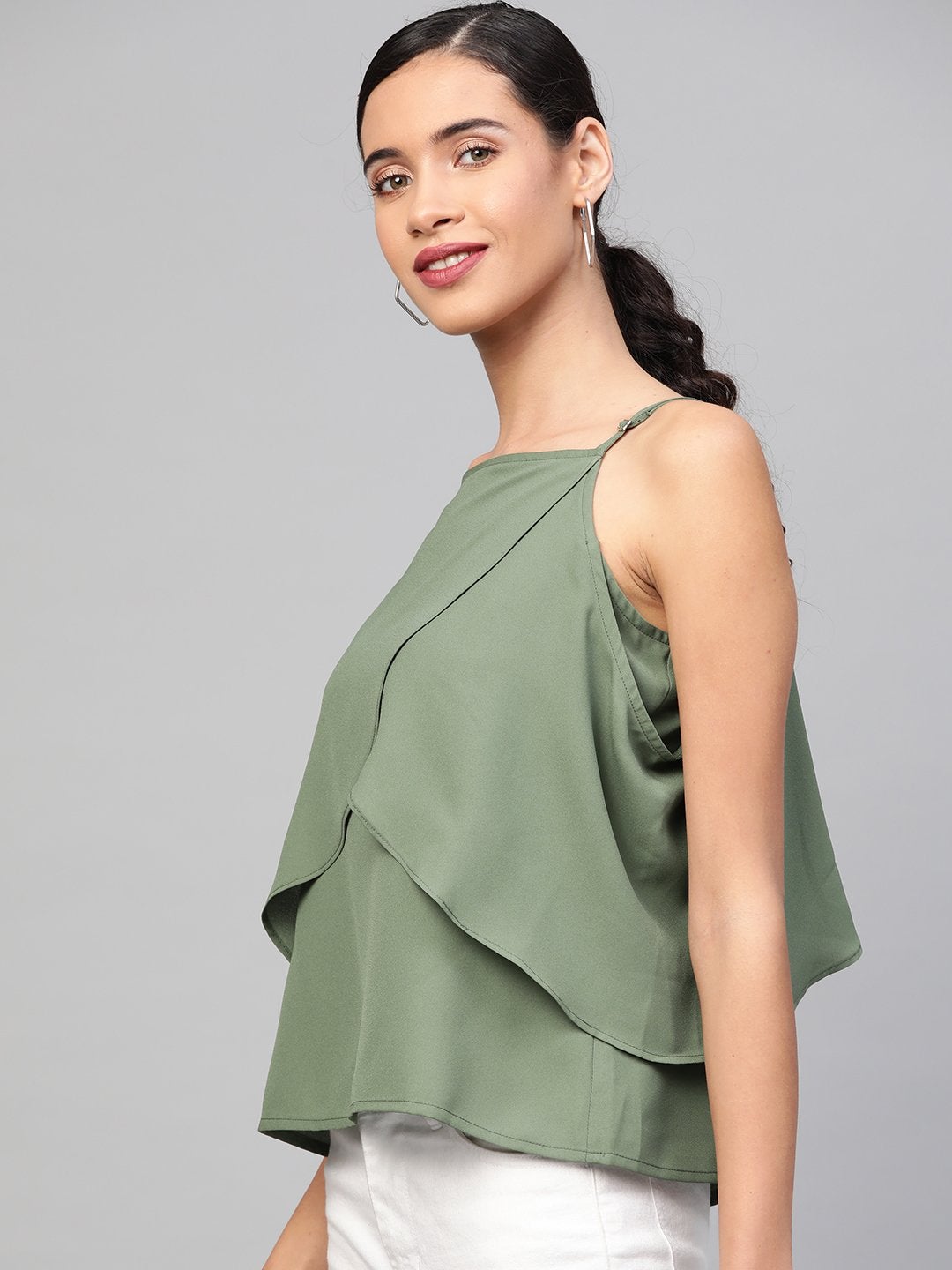 Women's Olive Cold Shoulder Layer Top - SASSAFRAS