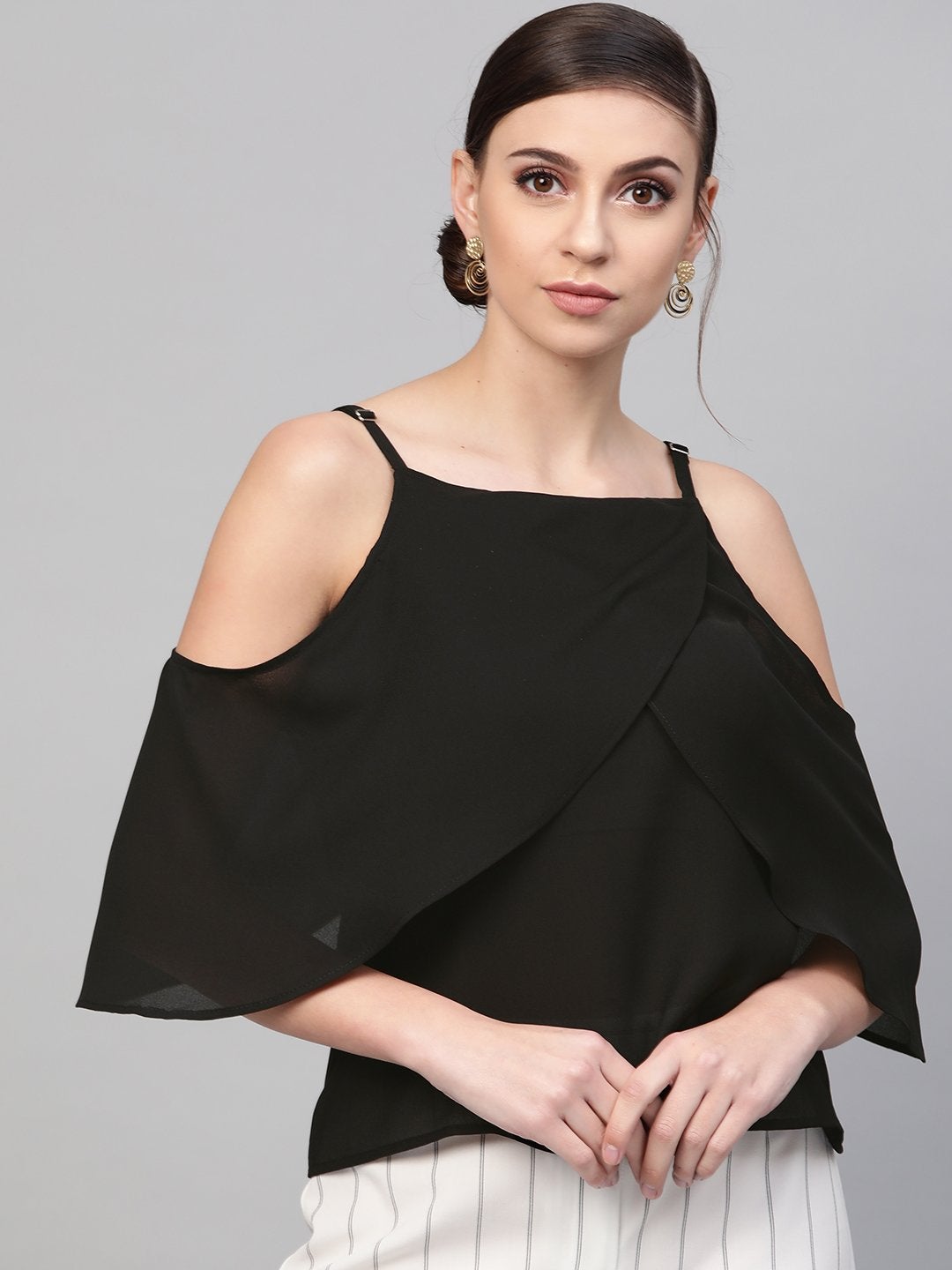 Women's Black Cold Shoulder Layer Top - SASSAFRAS