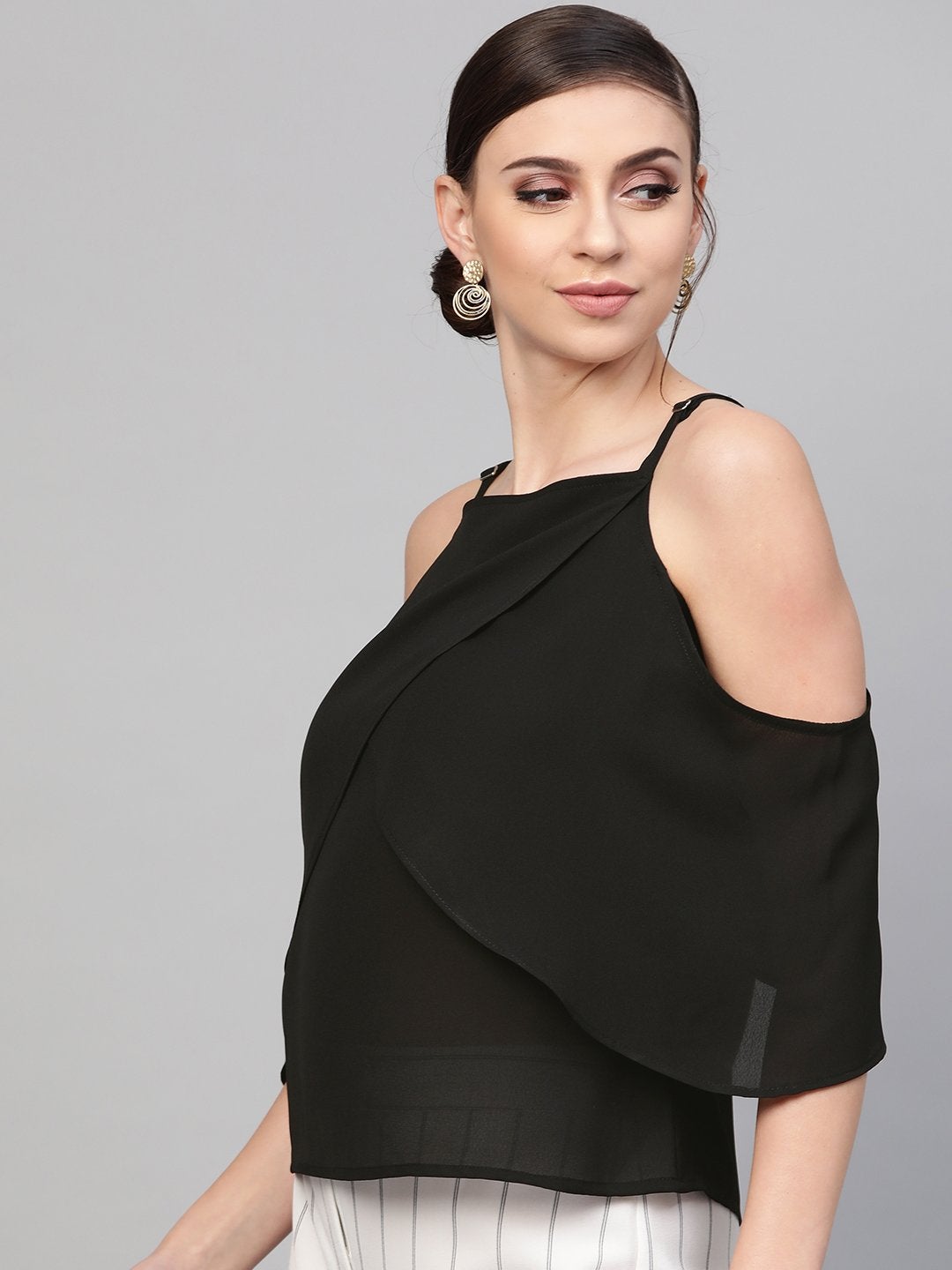 Women's Black Cold Shoulder Layer Top - SASSAFRAS