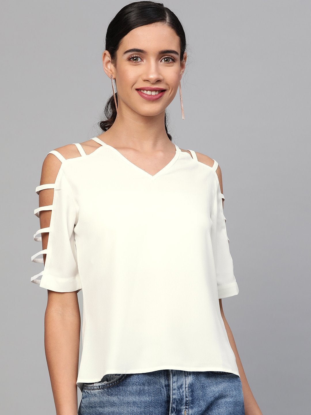 Women's Off-White Strappy Sleeve Top - SASSAFRAS