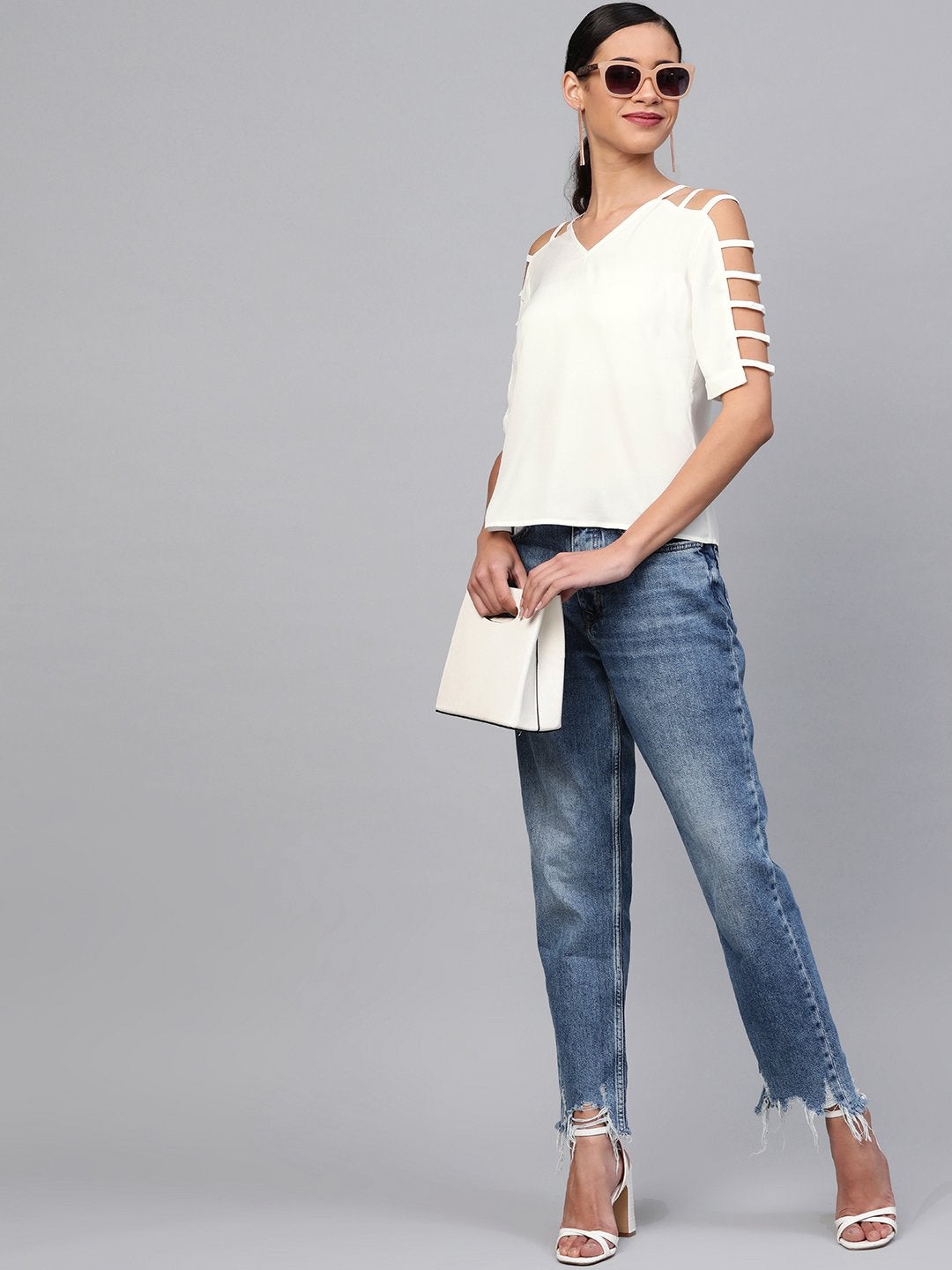 Women's Off-White Strappy Sleeve Top - SASSAFRAS