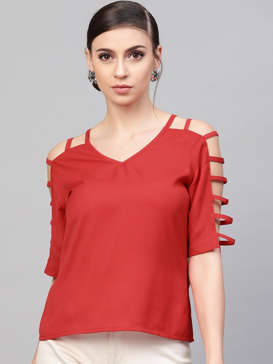 Women's Red Strappy Sleeve Top - SASSAFRAS