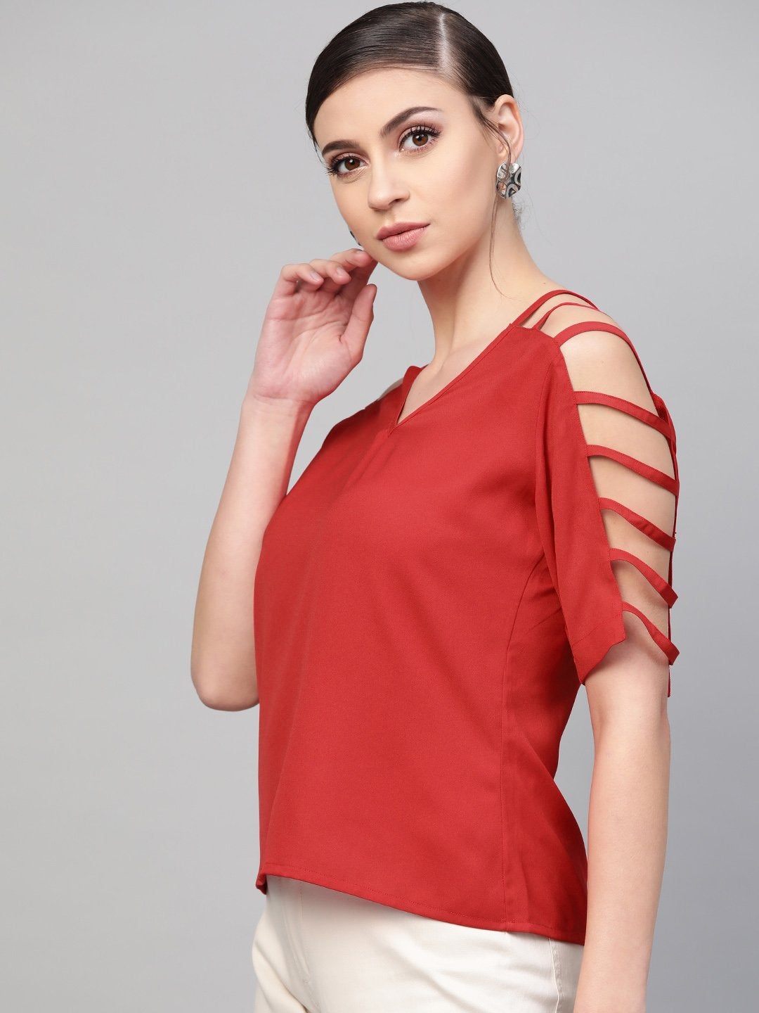 Women's Red Strappy Sleeve Top - SASSAFRAS