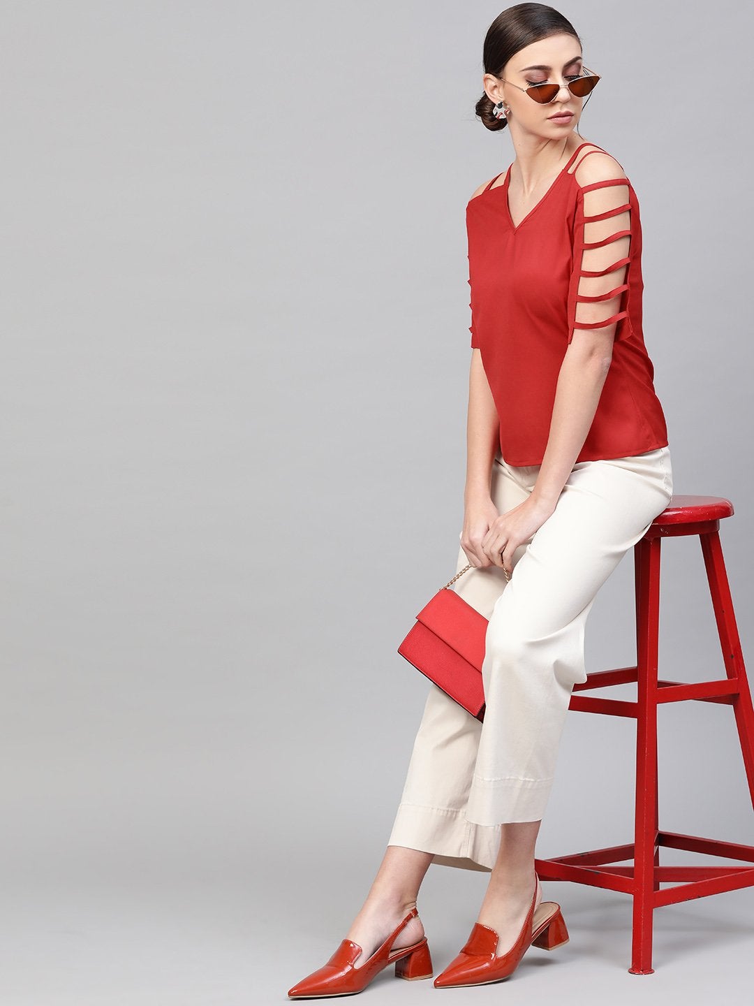 Women's Red Strappy Sleeve Top - SASSAFRAS