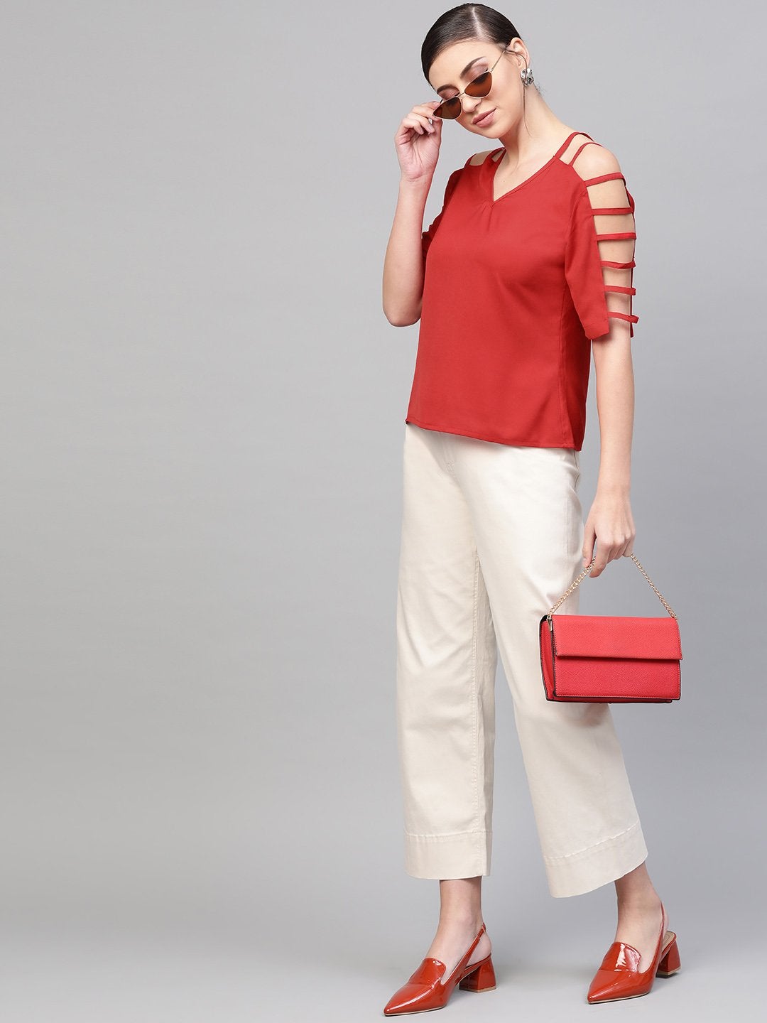 Women's Red Strappy Sleeve Top - SASSAFRAS