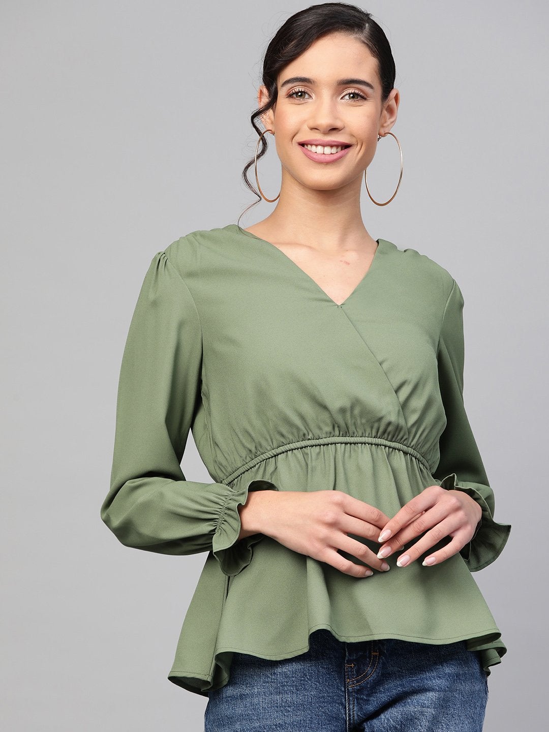 Women's Olive Wrap Peplum Top - SASSAFRAS