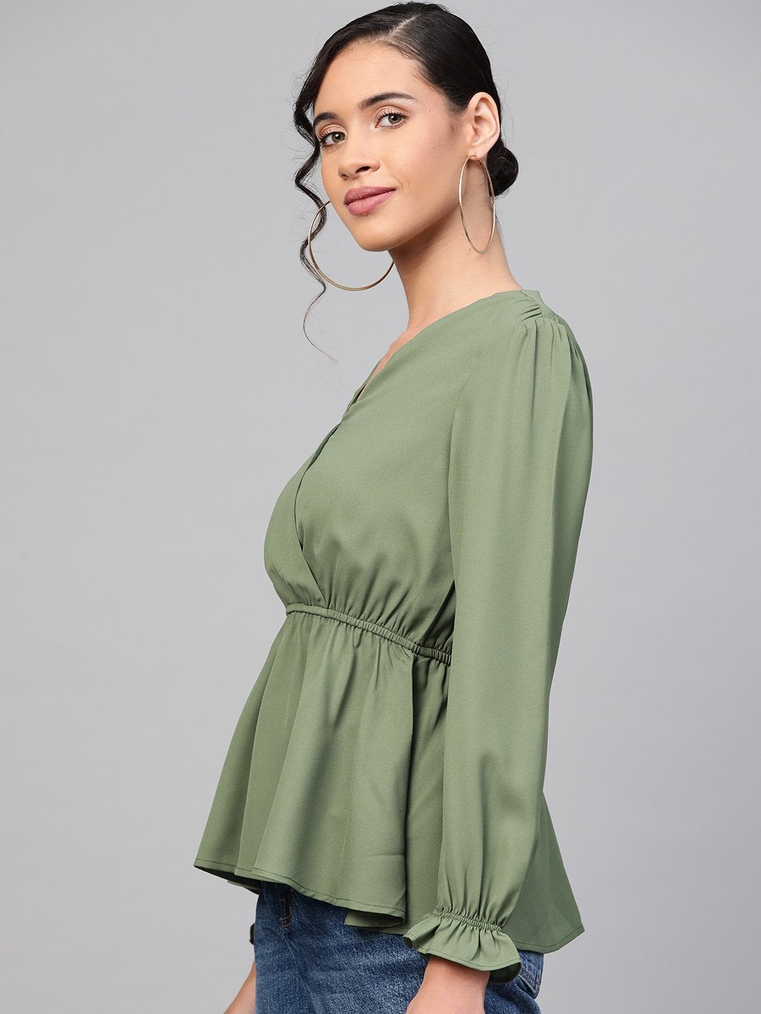 Women's Olive Wrap Peplum Top - SASSAFRAS