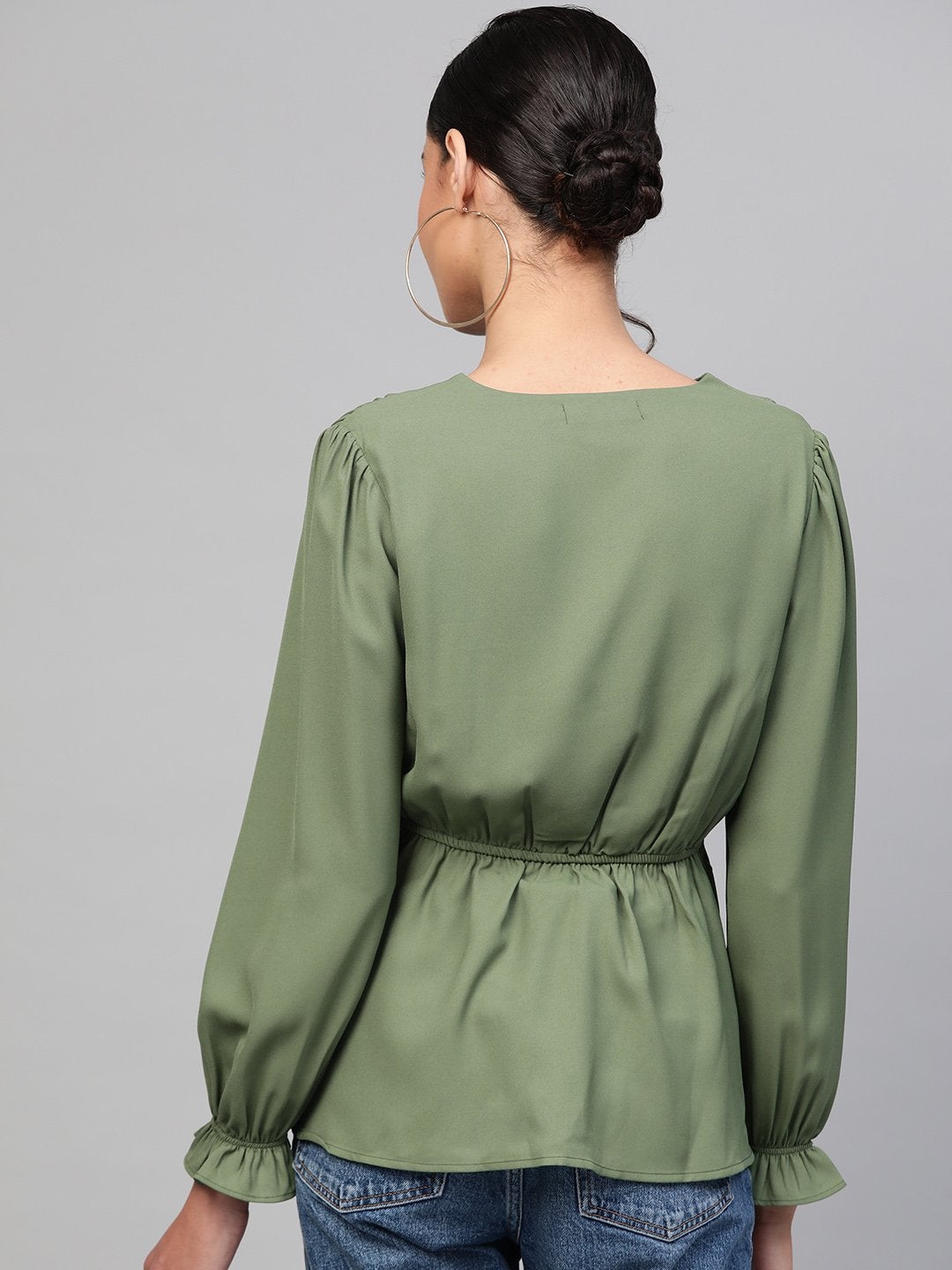 Women's Olive Wrap Peplum Top - SASSAFRAS