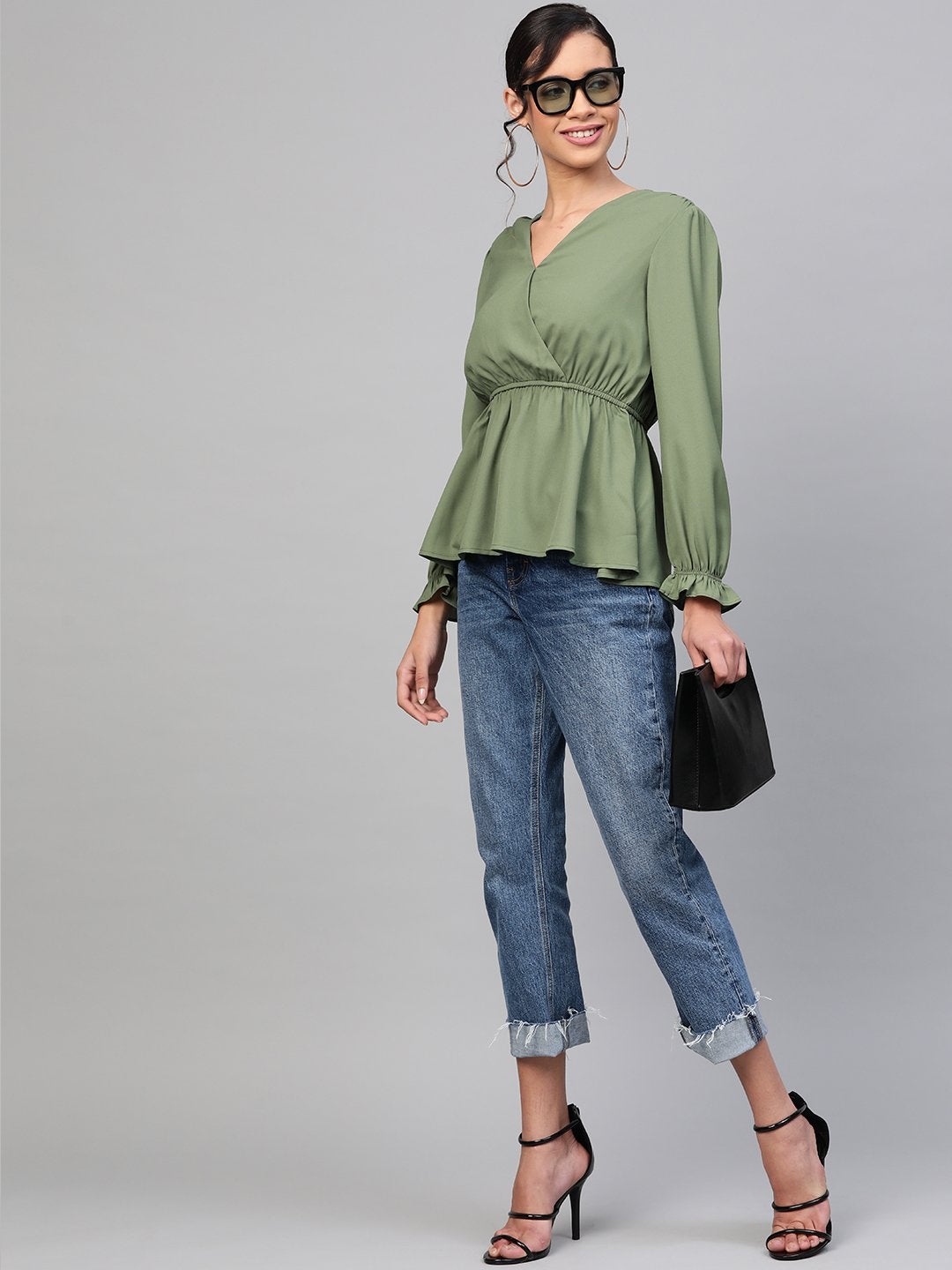 Women's Olive Wrap Peplum Top - SASSAFRAS