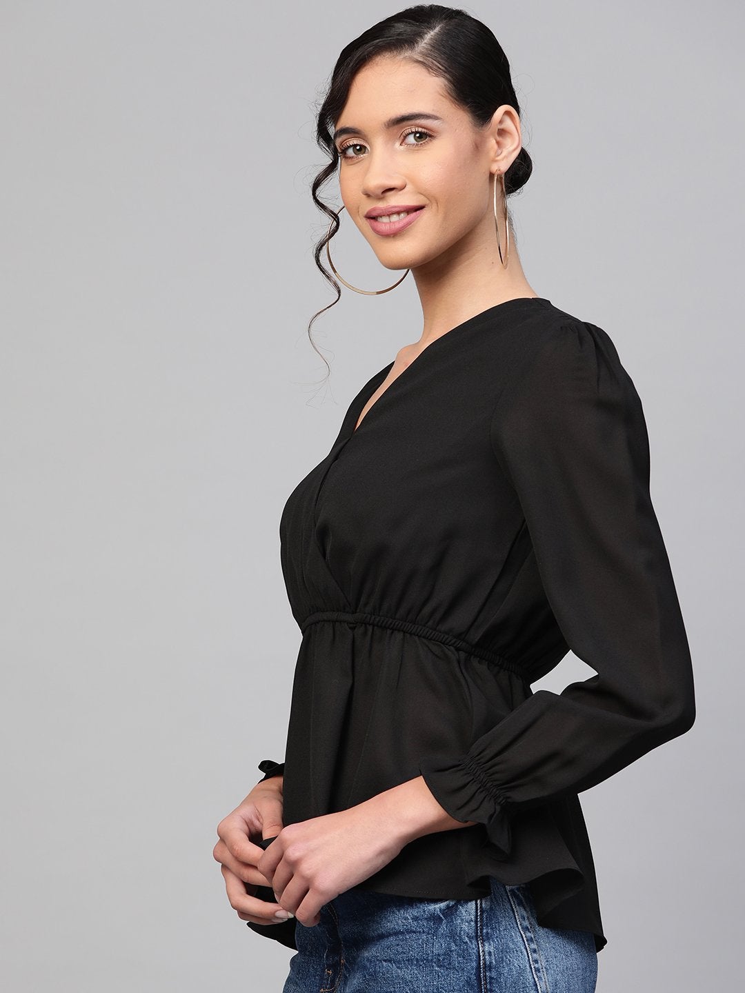 Women's Black Wrap Peplum Top - SASSAFRAS