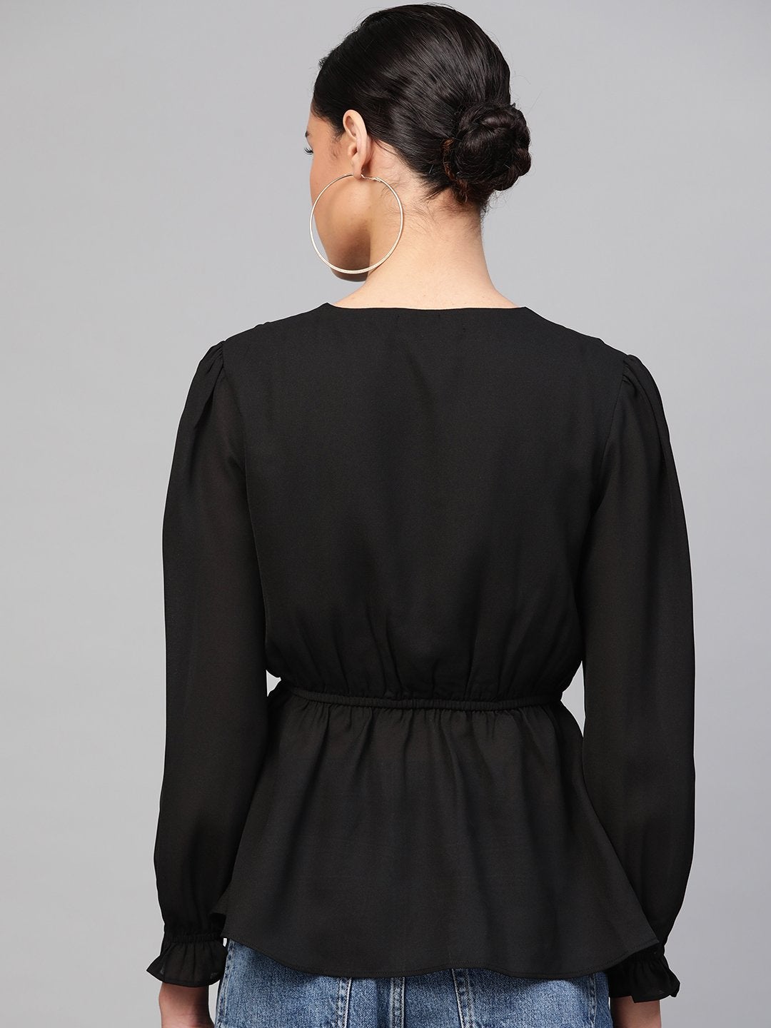 Women's Black Wrap Peplum Top - SASSAFRAS