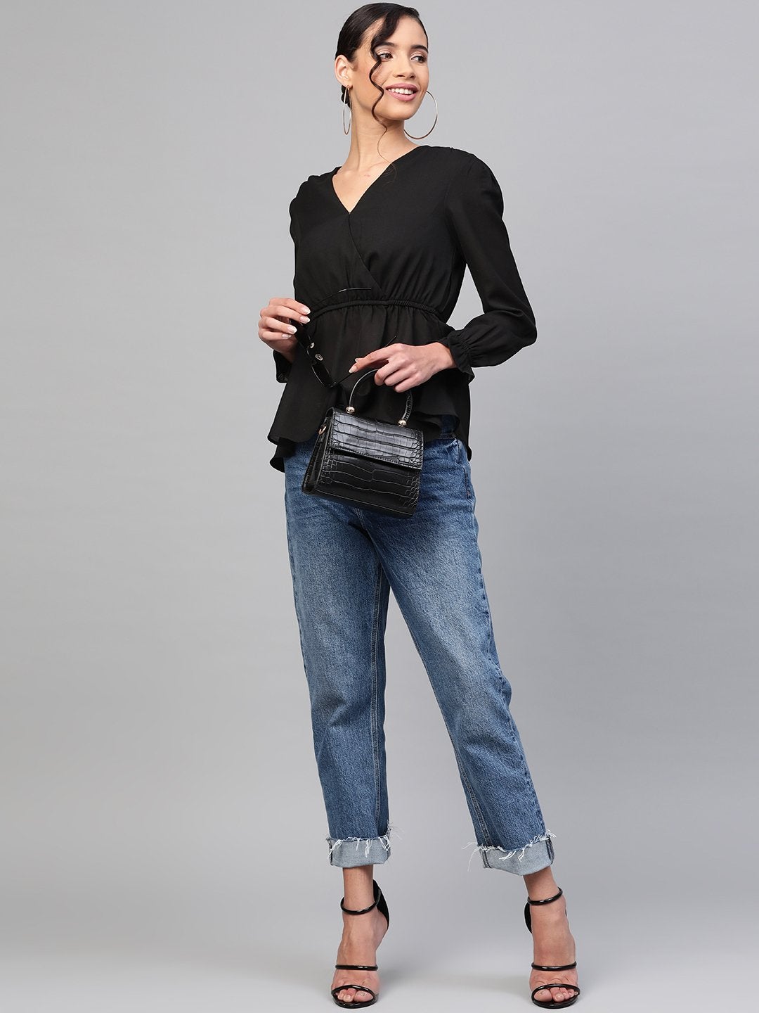 Women's Black Wrap Peplum Top - SASSAFRAS