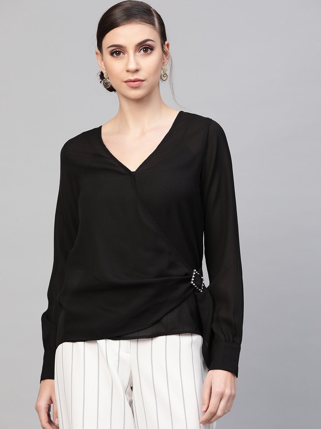 Women's Black Wrap Detail Top - SASSAFRAS