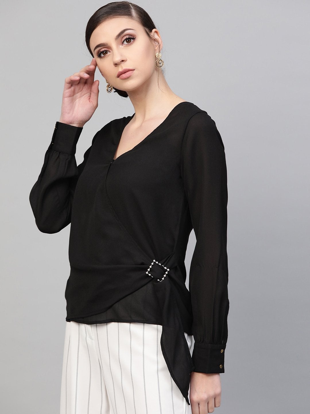 Women's Black Wrap Detail Top - SASSAFRAS