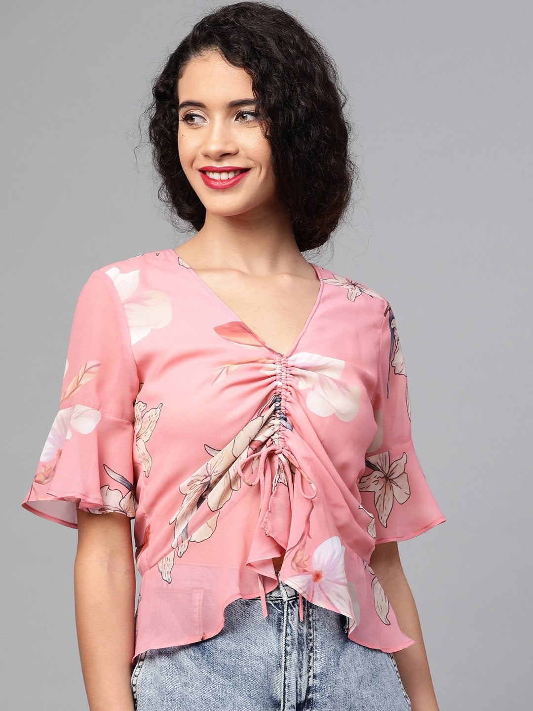 Women's Rose Pink Floral Front Rouched Top - SASSAFRAS