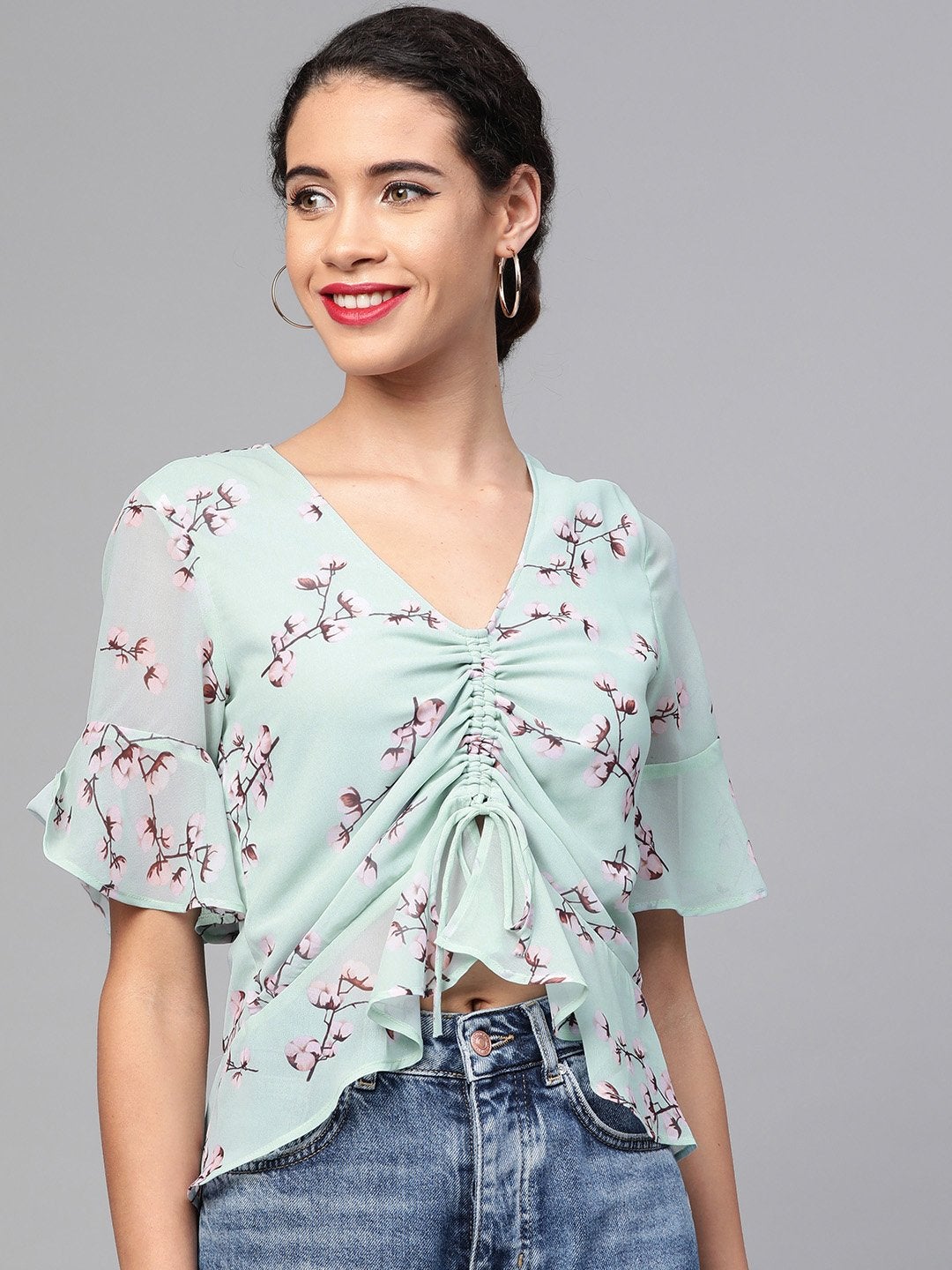 Women's Sea Green Floral Front Rouched Top - SASSAFRAS