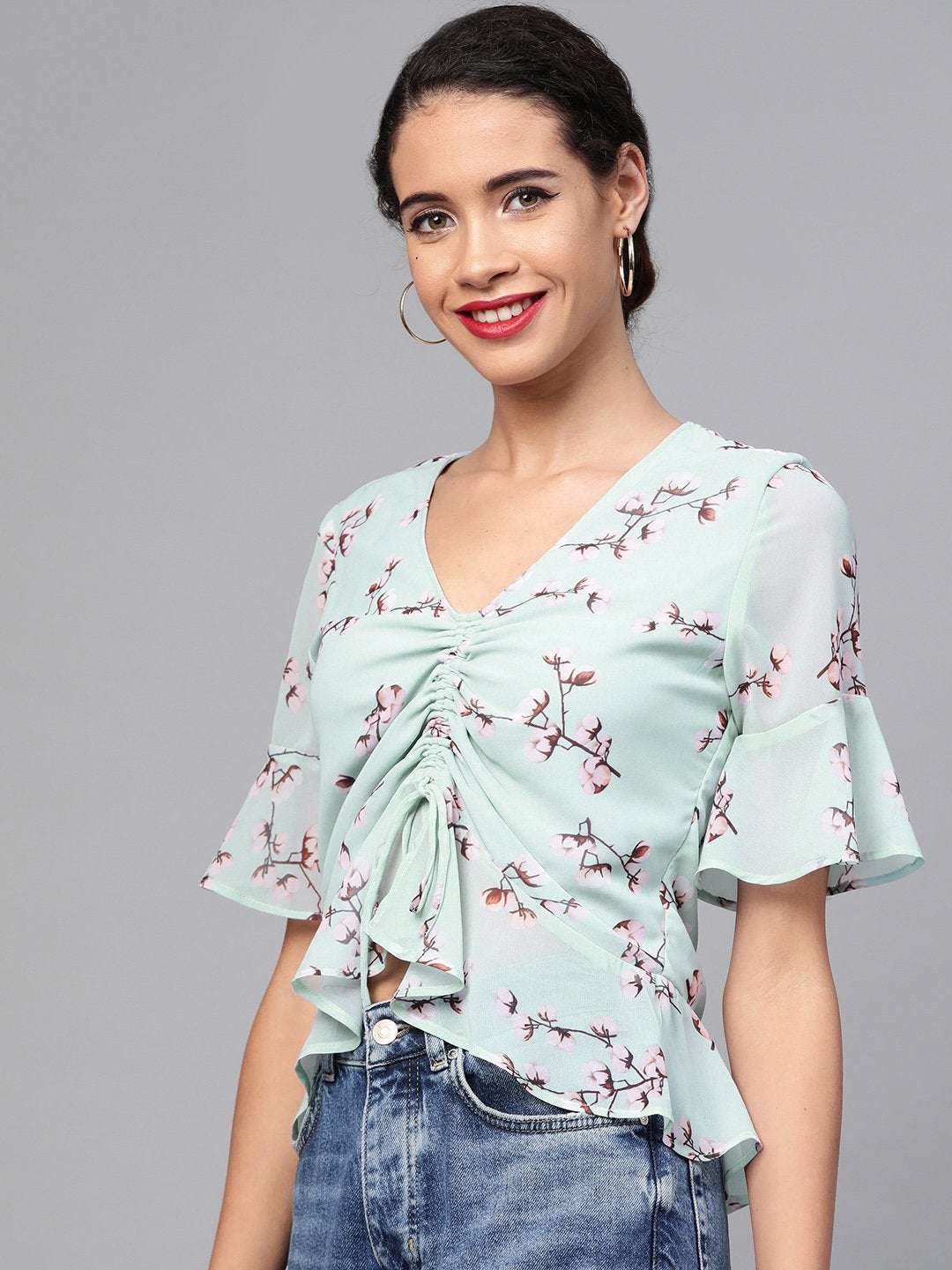 Women's Sea Green Floral Front Rouched Top - SASSAFRAS