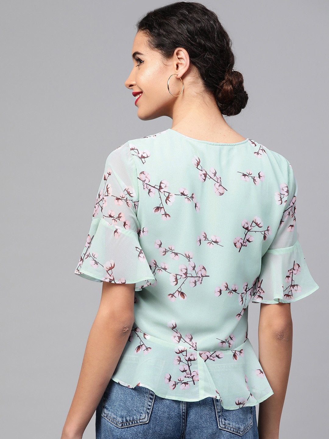 Women's Sea Green Floral Front Rouched Top - SASSAFRAS