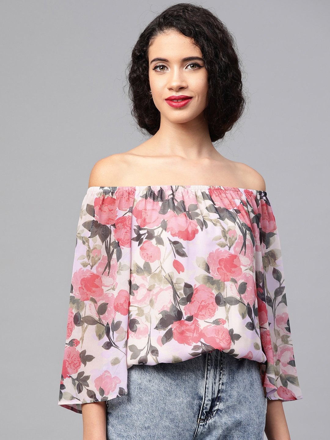 Women's Beige Floral Off Shoulder Crop Top - SASSAFRAS