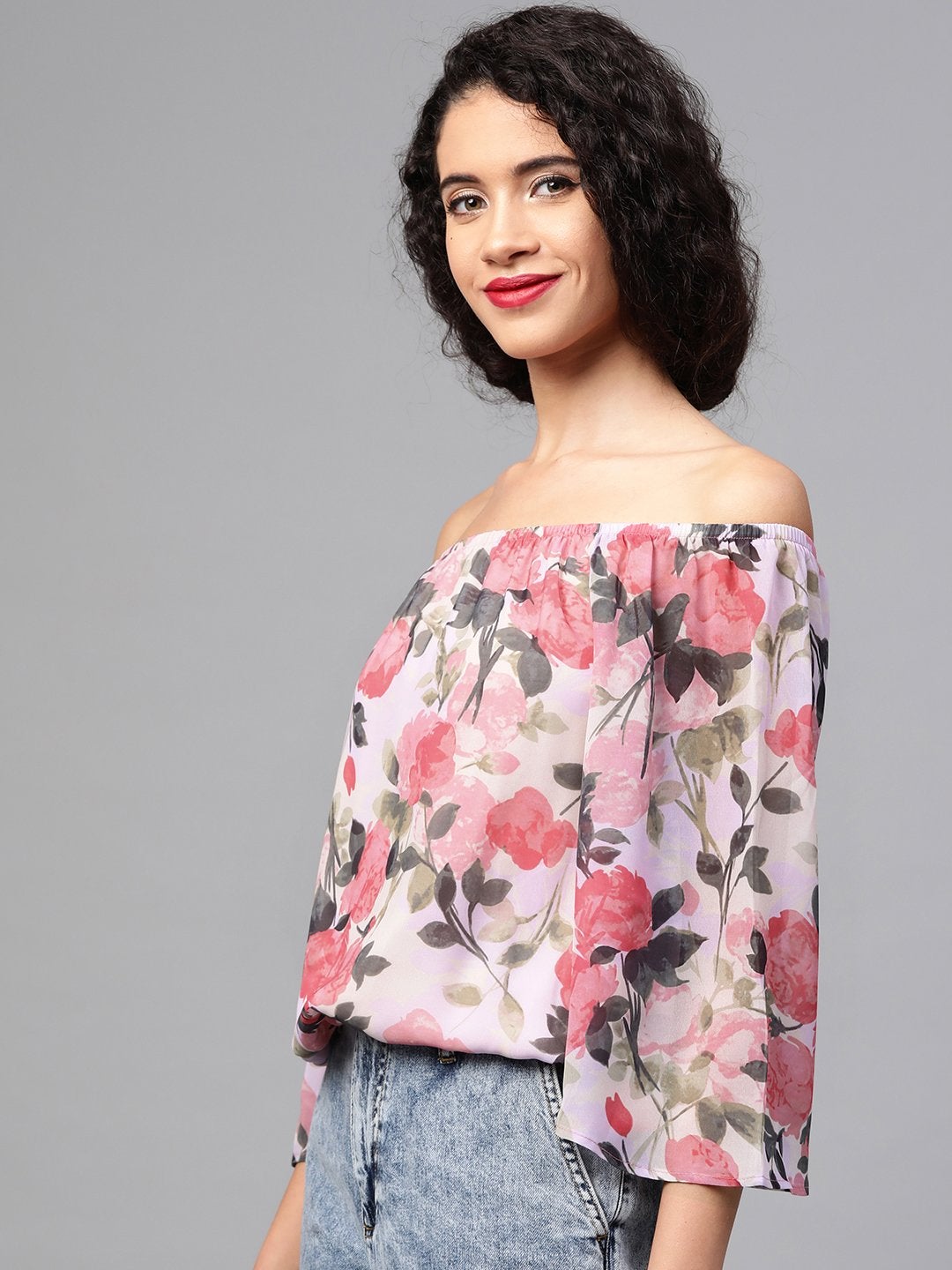 Women's Beige Floral Off Shoulder Crop Top - SASSAFRAS