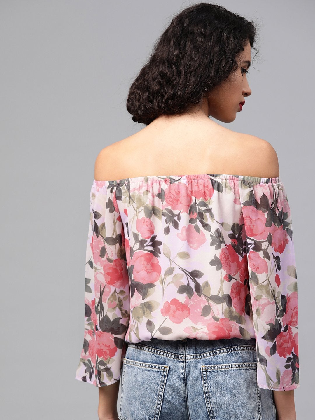 Women's Beige Floral Off Shoulder Crop Top - SASSAFRAS