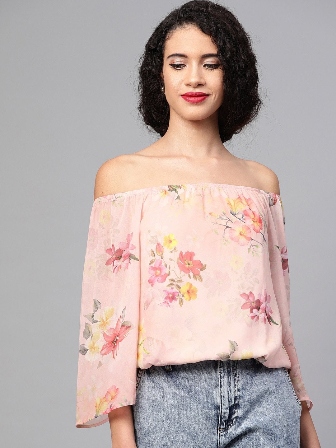 Women's Peach Floral Off Shoulder Crop Top - SASSAFRAS