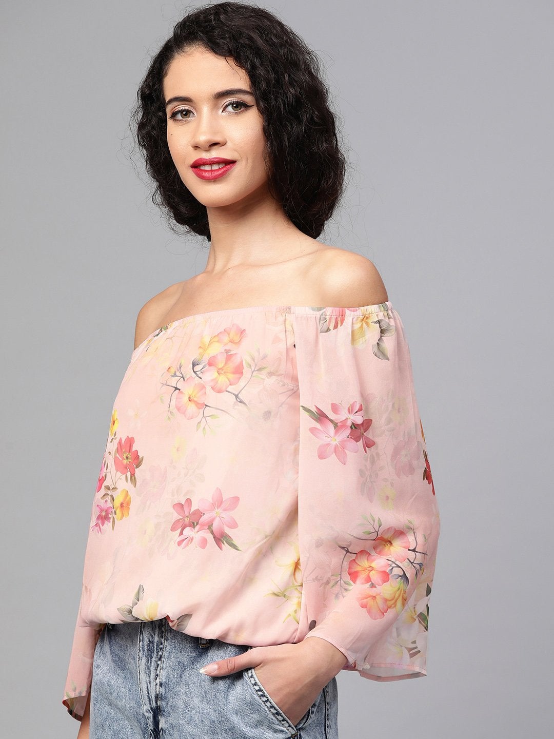 Women's Peach Floral Off Shoulder Crop Top - SASSAFRAS