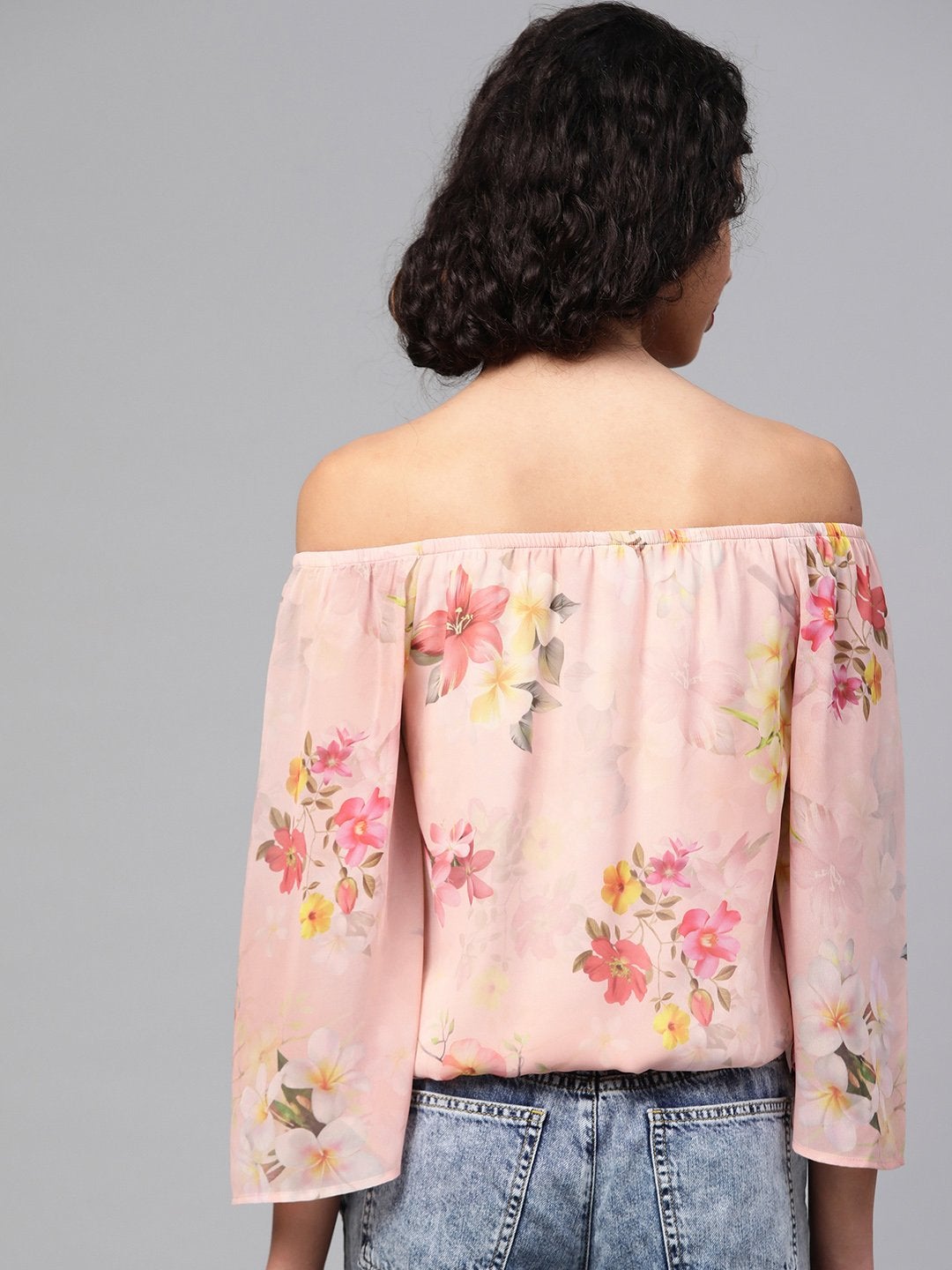 Women's Peach Floral Off Shoulder Crop Top - SASSAFRAS